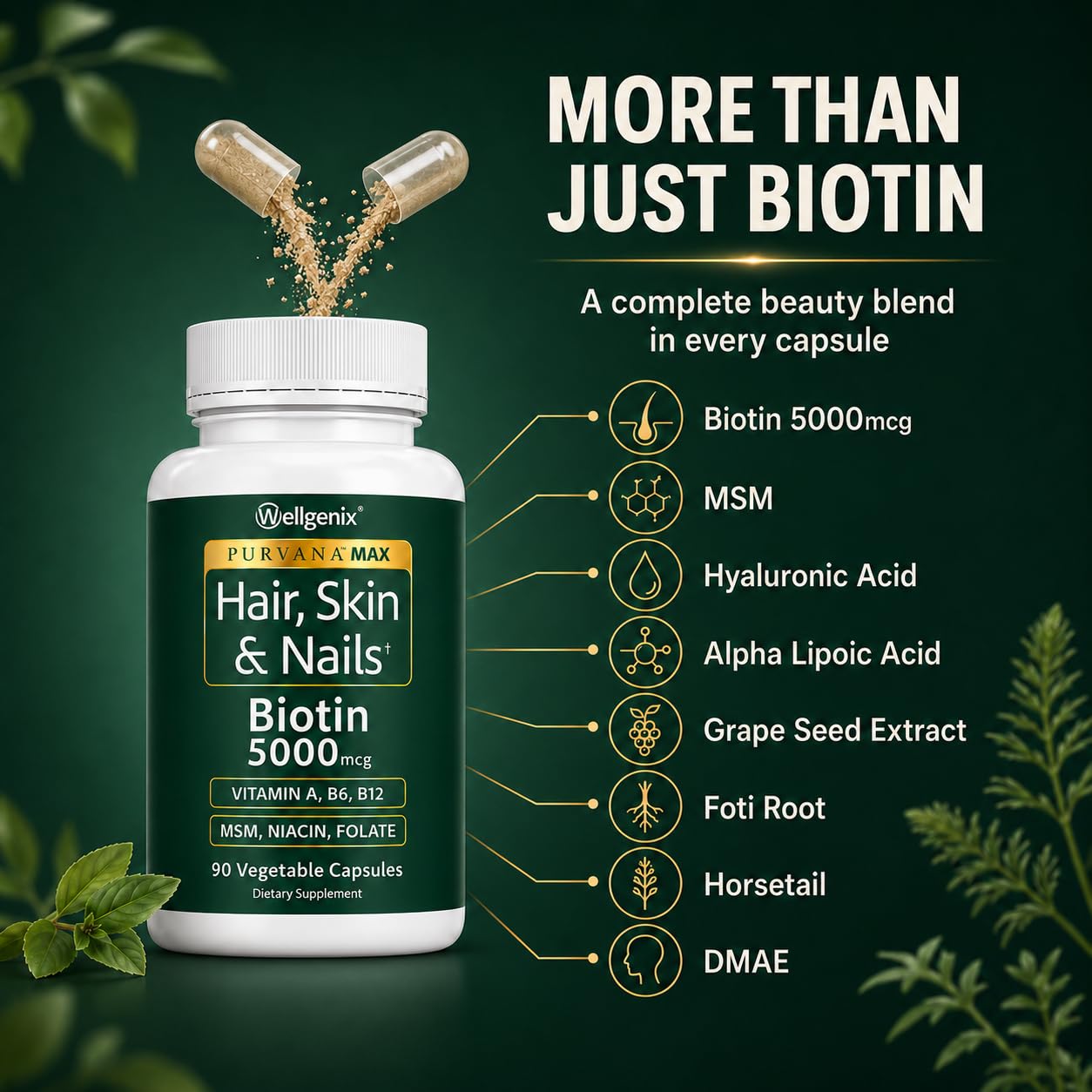 Wellgenix Purvana MAX Hair Skin & Nails Vitamins Biotin 5000 Capsules 180