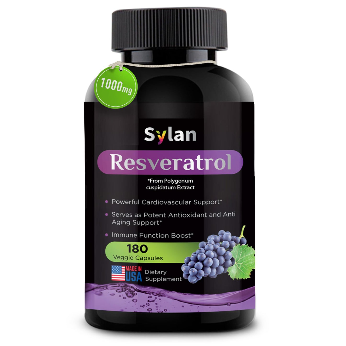 SYLAN Resveratrol Supplement 1000mg, 180 Veggie Capsules