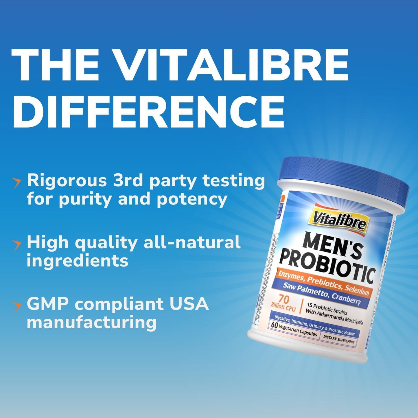 Vitalibre Probiotics for Men with Akkermansia Muciniphila, Prebiotics, Selenium, Enzymes, Saw Palmetto, Cranberry for Digestive, Gut, Immune, Prostate & Urinary Tract Health, 70 Billion CFUs, 60 Capsules