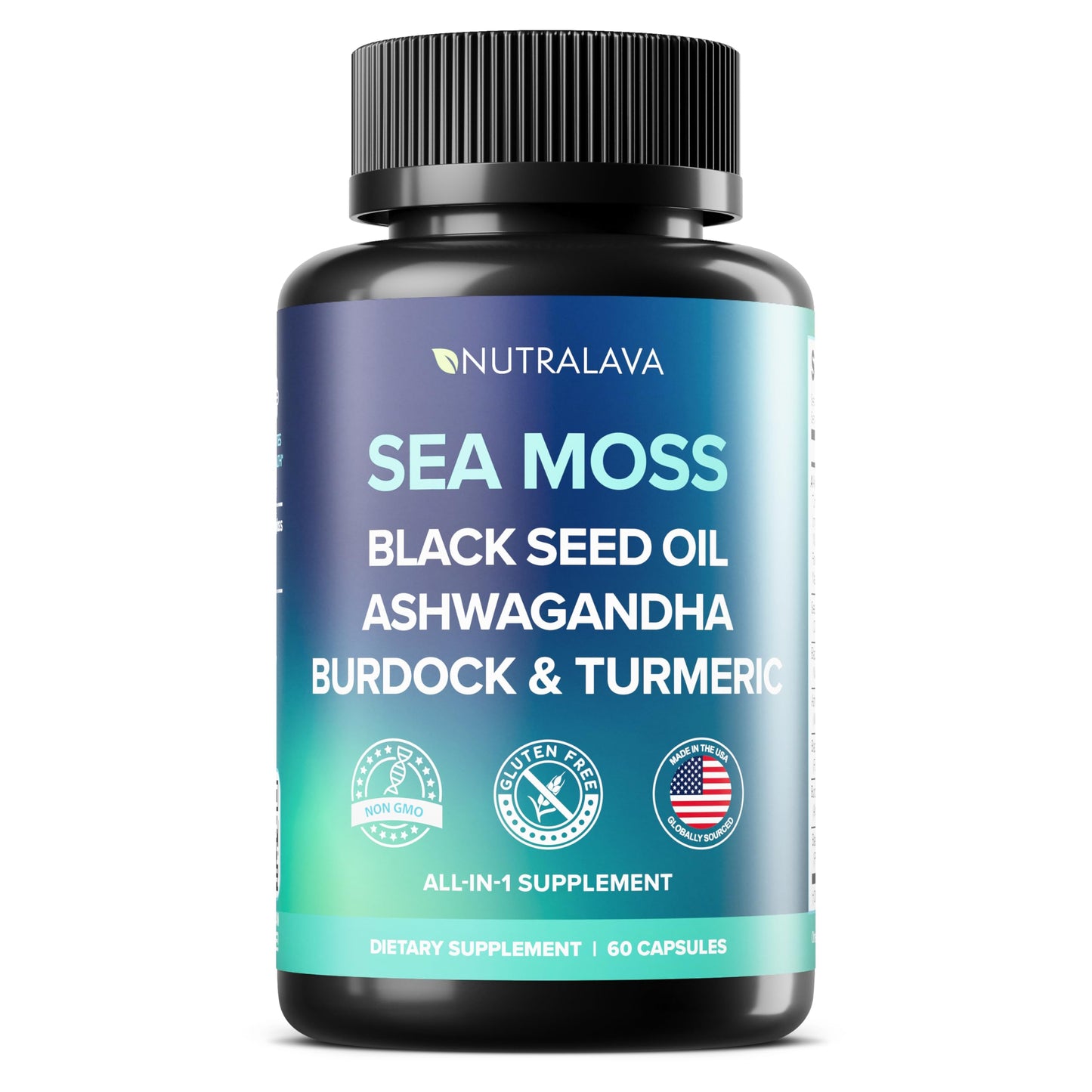 NUTRALAVA Sea Moss Capsules with Irish Sea Moss, Black Seed Oil & Ashwagandha - Immune Thyroid Joint & Gut Support, Gluten-Free Non-GMO GMP, 60 Count