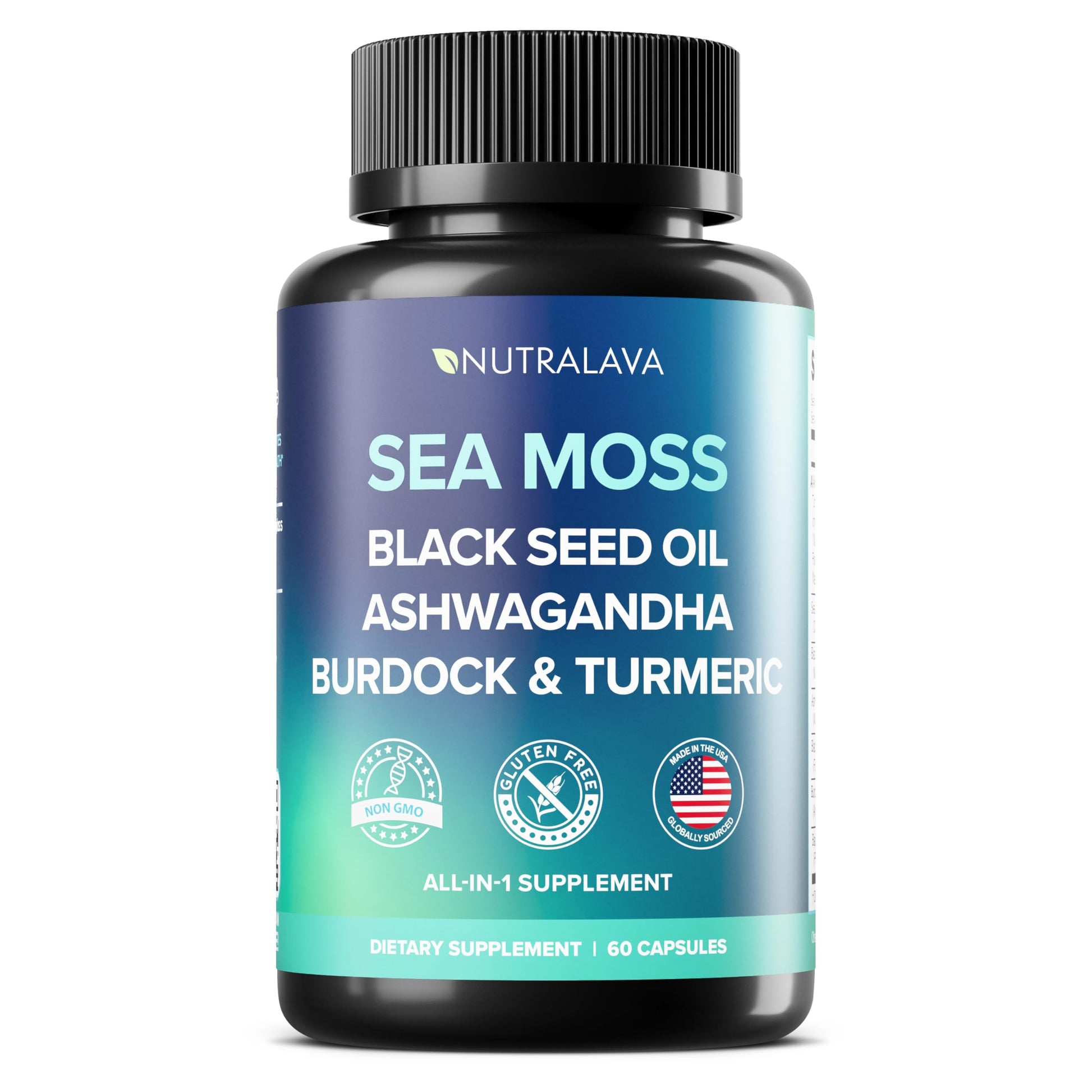 NUTRALAVA Sea Moss Capsules with Irish Sea Moss, Black Seed Oil & Ashwagandha - Immune Thyroid Joint & Gut Support, Gluten-Free Non-GMO GMP, 60 Count