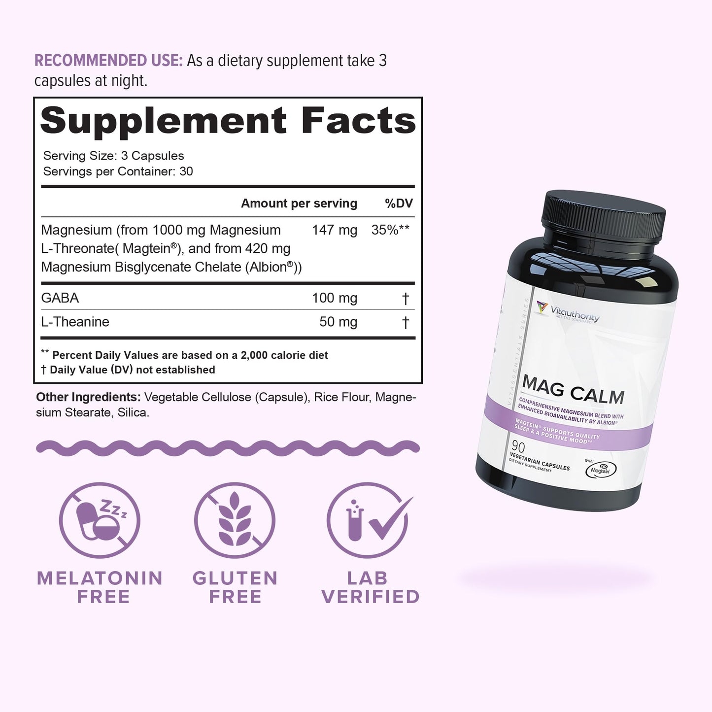 Vitauthority Magnesium L-Threonate Biglycenate Chelate Blend GABA and L-Theanine Sleep Support Capsules 90 Count