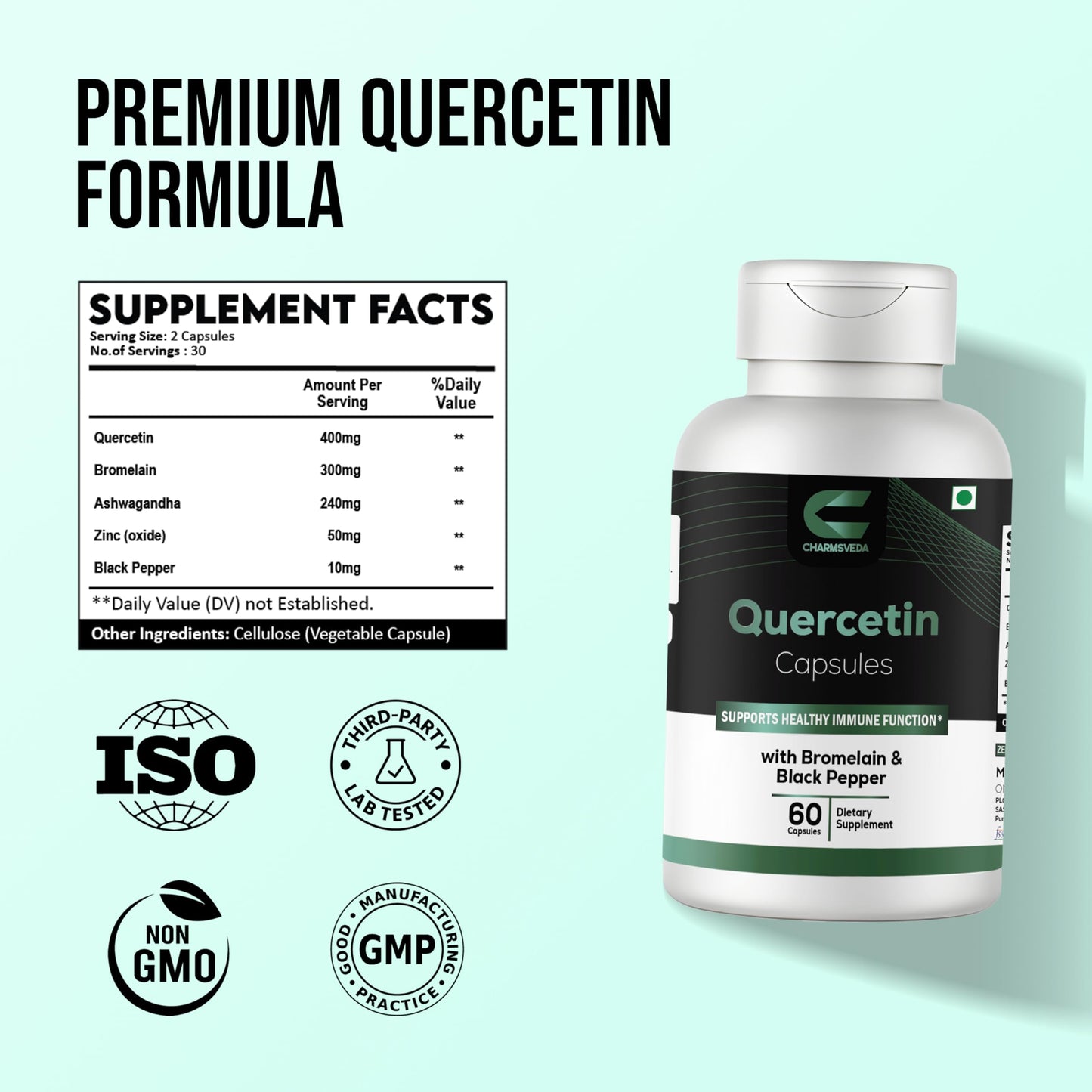 CHARMSVEDA Quercetin Capsules with Bromelain, Ashwagandha & Zinc – Herbal & Immune Support, Overall Wellness & Immune Support* – 60 Vegan Capsules