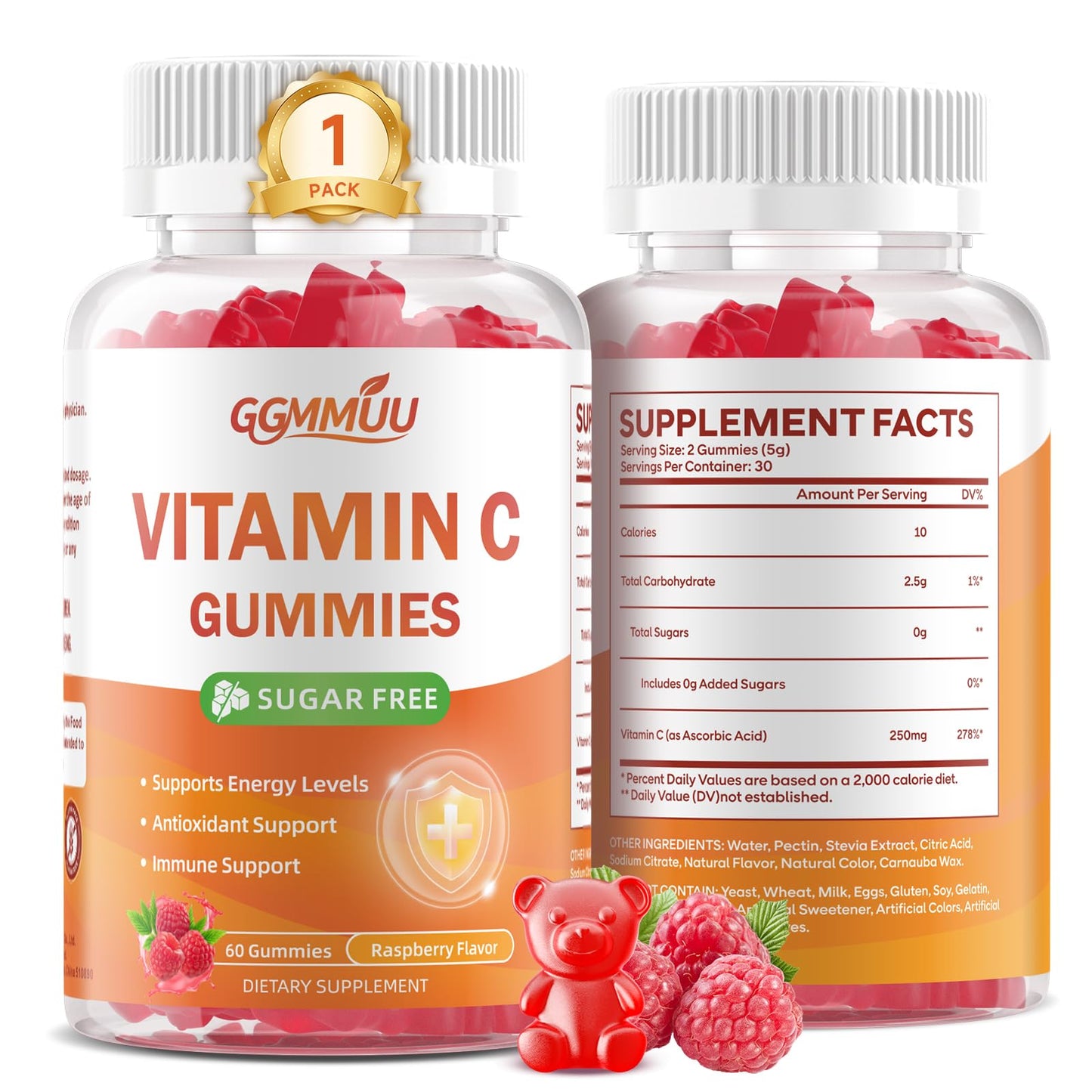 GGMMUU Sugar Free Vitamin C Gummies 250mg Chewable Gummy, 60 Count