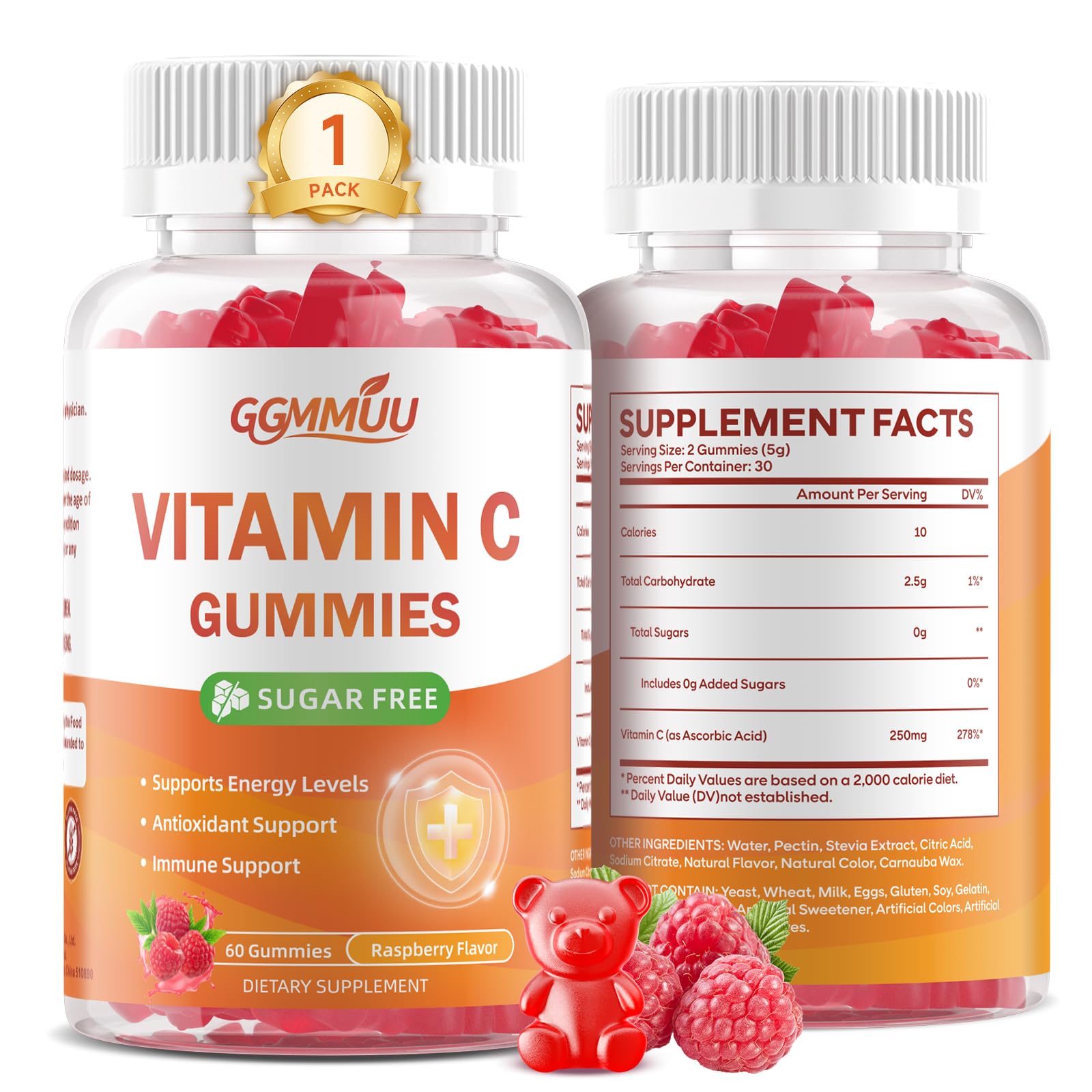 GGMMUU Sugar Free Vitamin C Gummies 250mg Chewable Gummy, 60 Count