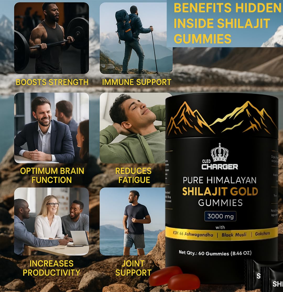 Cled Charger Shilajit Gummies for Men & Women, 3000mg Pure Organic Himalayan Shilajit with Ashwagandha Gokshura, 85+ Trace Minerals & Fulvic Acid, Non-GMO, No Added Sugar, 60 Gummies