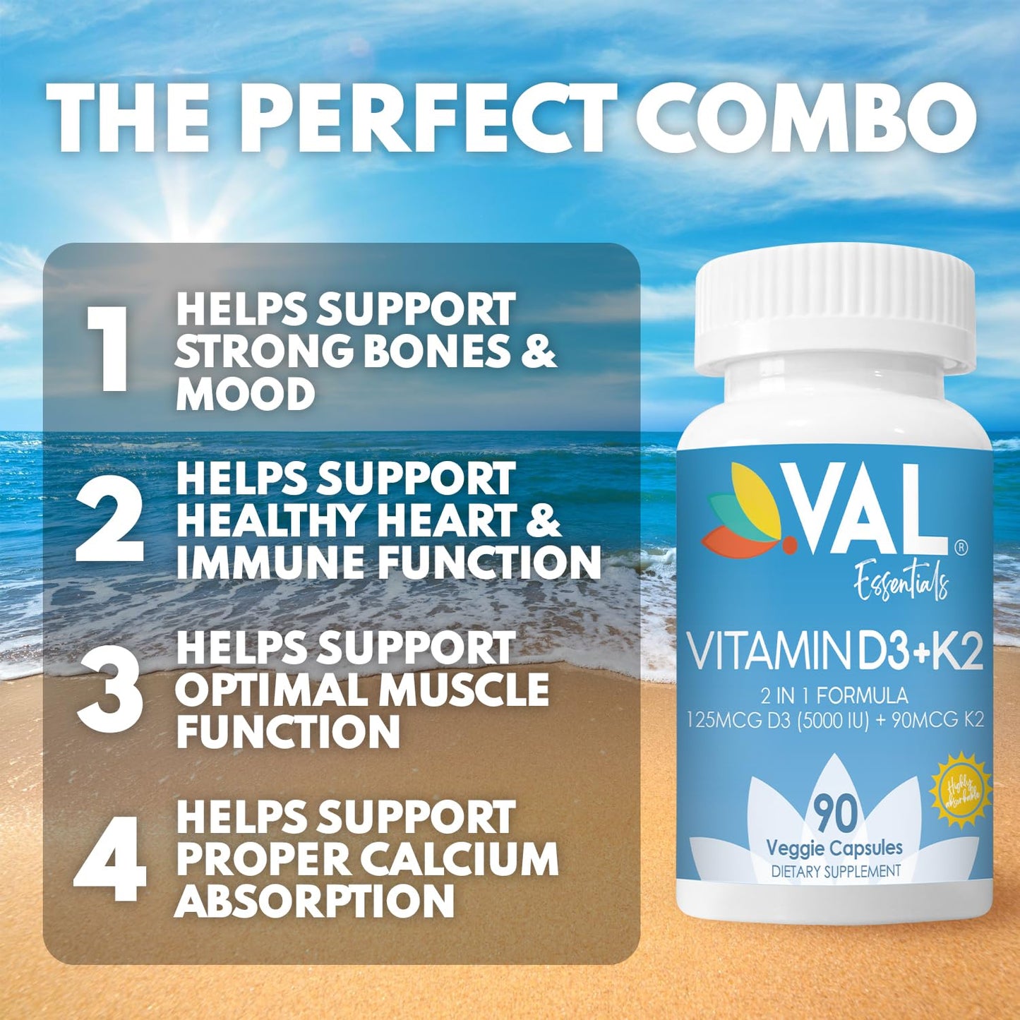 VAL Vitamin D3 + K2 (MK-7) 5000 IU & 90 mcg, Bone & Heart Health Support, 90 Vegan Capsules
