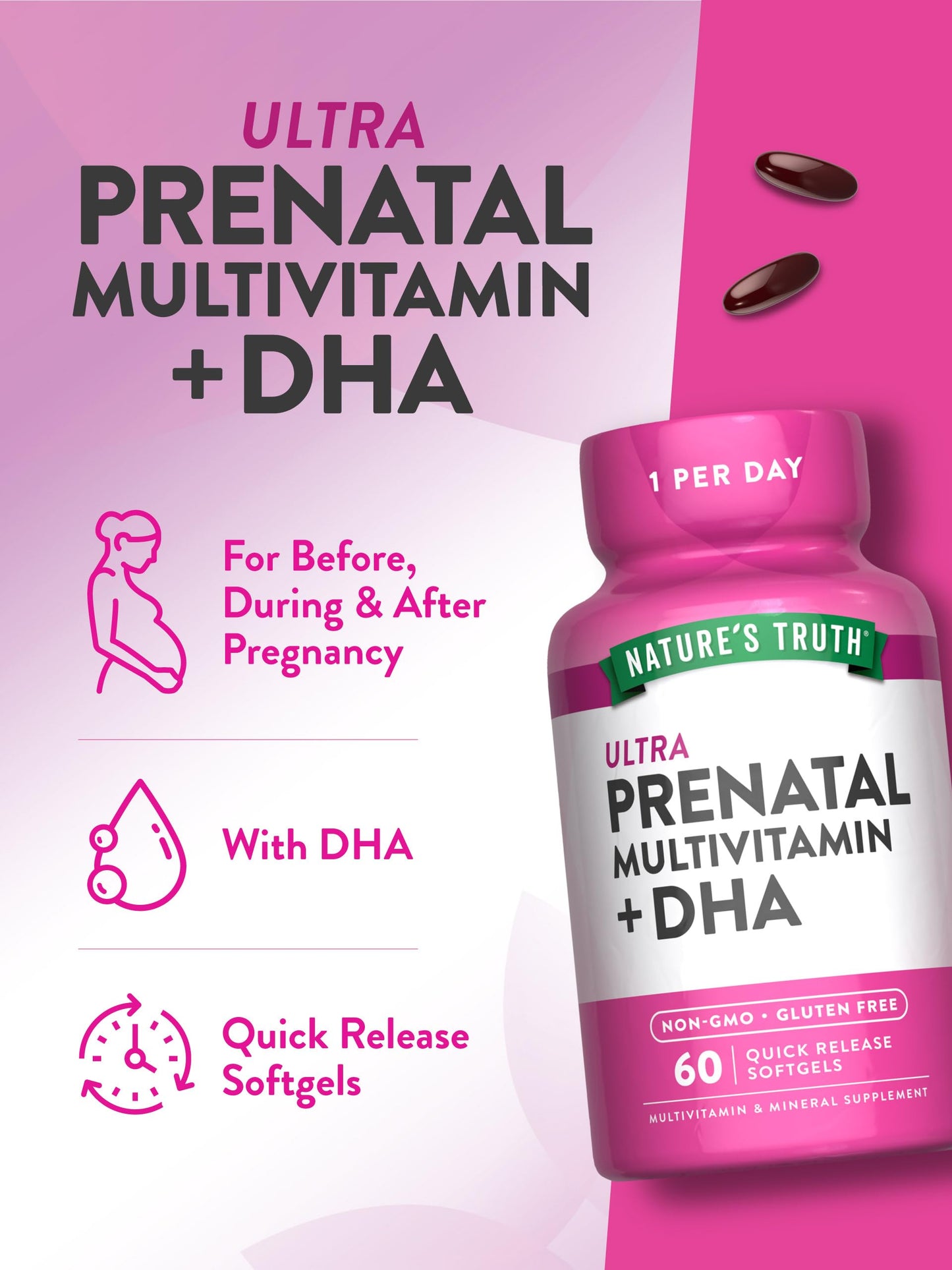 Nature's Truth Prenatal Vitamins for Women with DHA and Folic Acid Softgels 60 Count