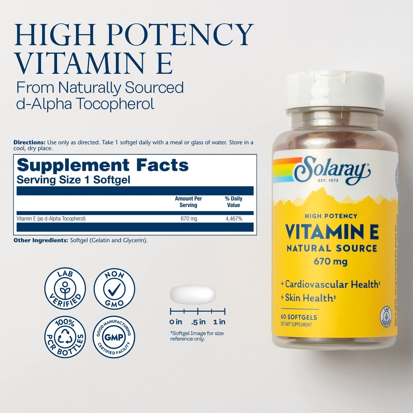 SOLARAY Vitamin E 1000 IU Softgel Capsules, 60 Softgels