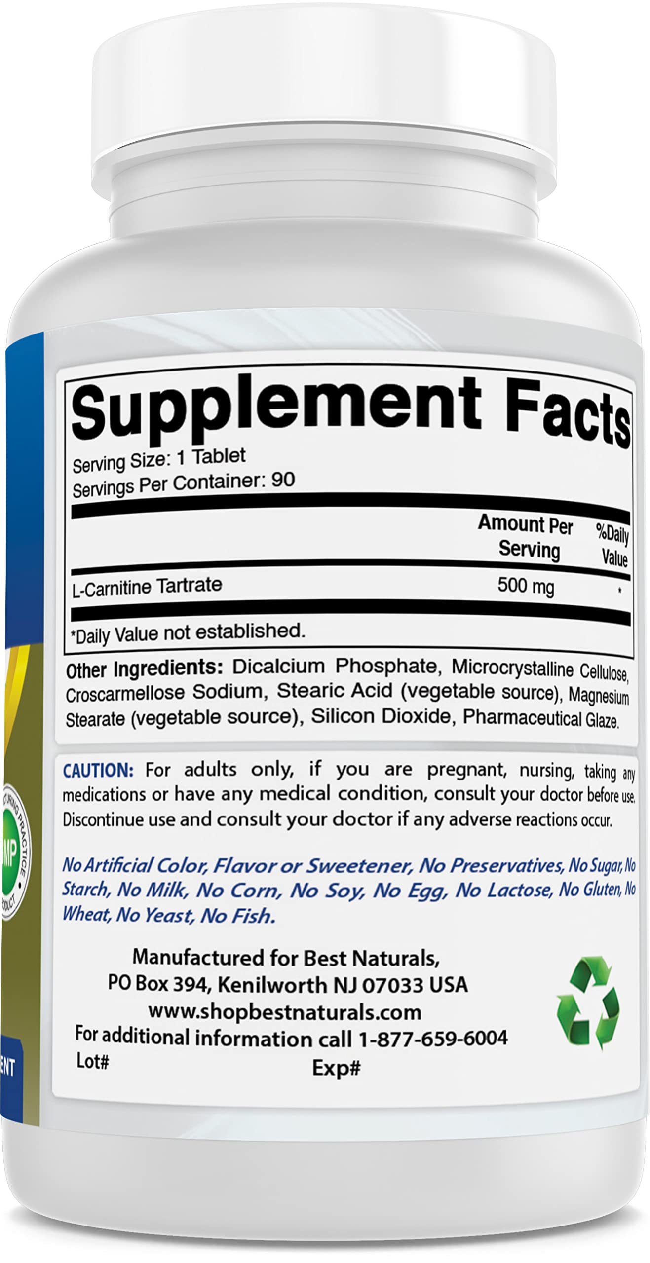 Best Naturals L-Carnitine Tartrate 500 mg Tablets, 90 Count