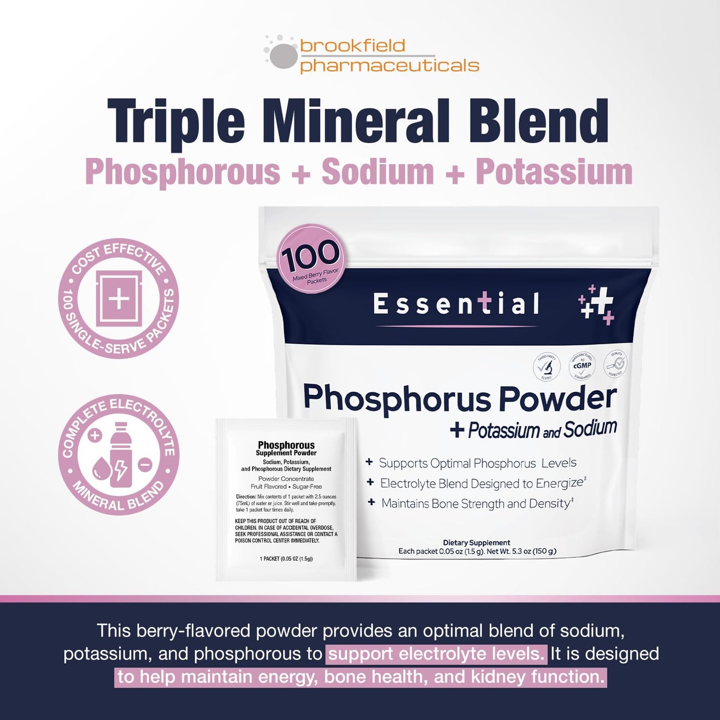 Brookfield Pharmaceuticals Phosphorus Supplements Powder Concentrate, 100 Count