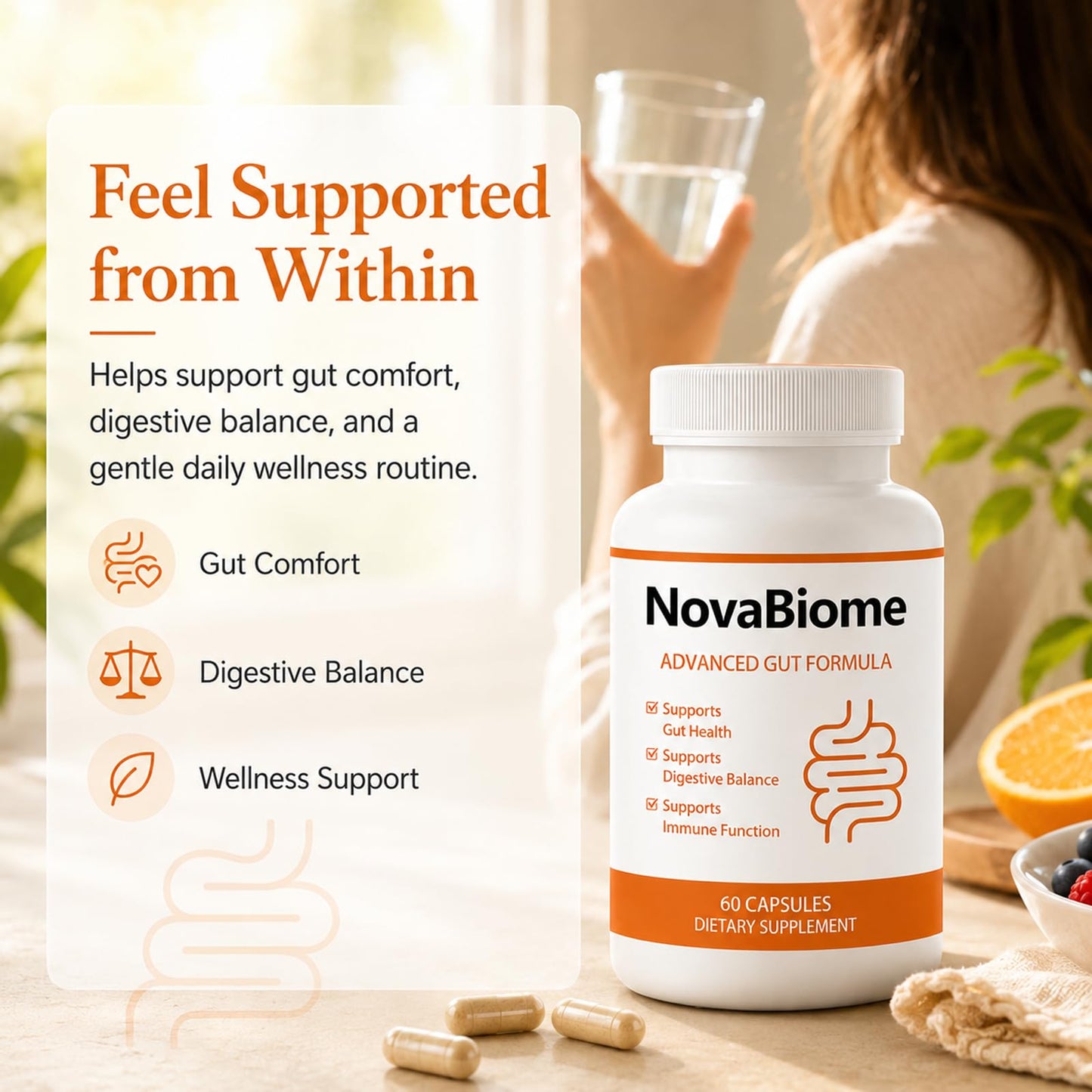 NovaBiome for Constipation, Digestive Comfort & Gut Balance Support Capsules 60