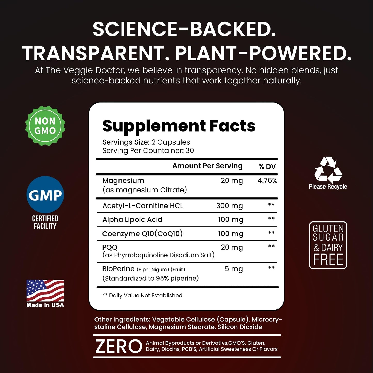 The Veggie Doctor Vegan Mitochondrial Support – Advanced Cellular Wellness & Natural Energy Formula with CoQ10, PQQ, Acetyl-L-Carnitine, Alpha-Lipoic Acid, Magnesium, BioPerine® - Daily Support, 60 Capsules