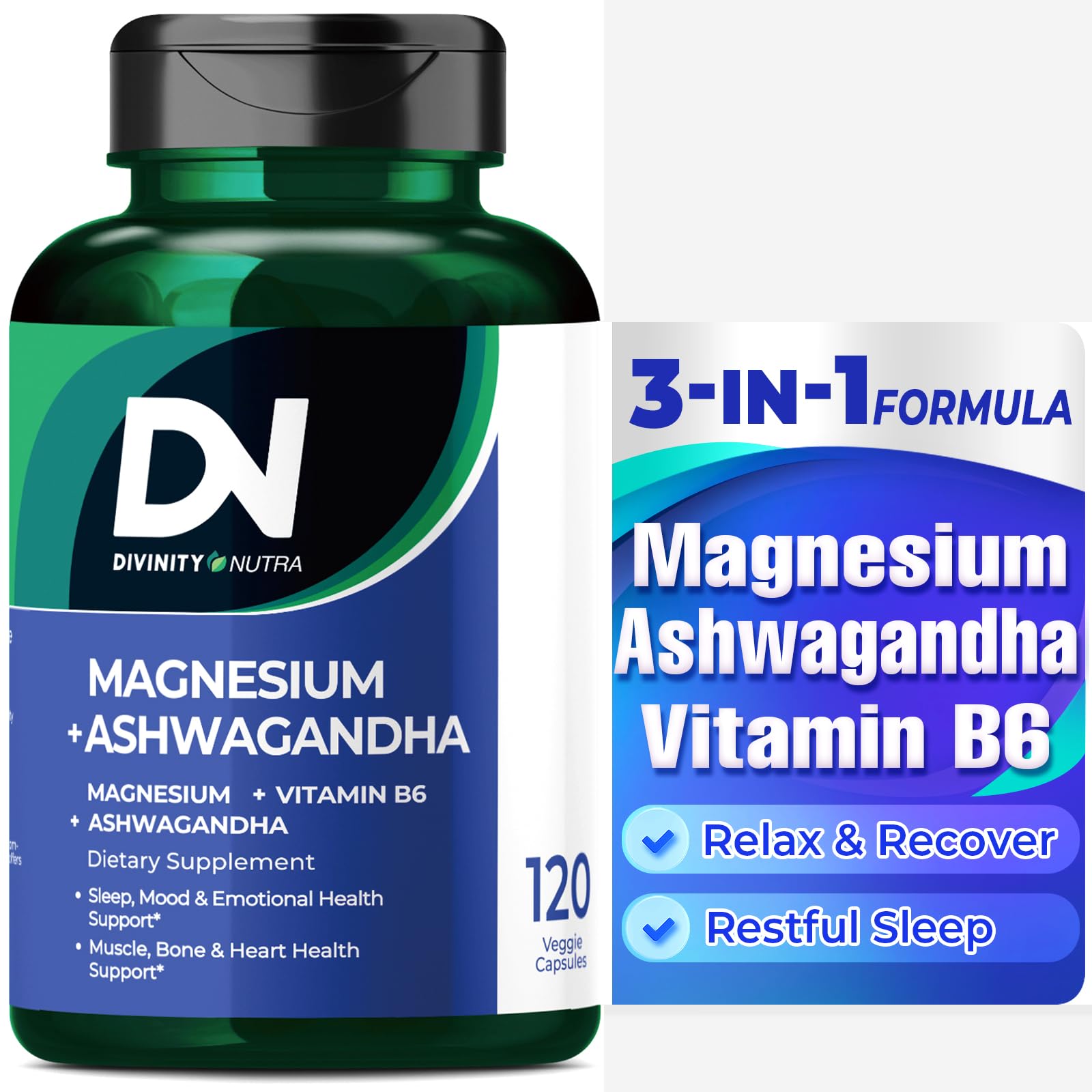 Divinity Nutra Magnesium Ashwagandha Supplement, 120 Capsules