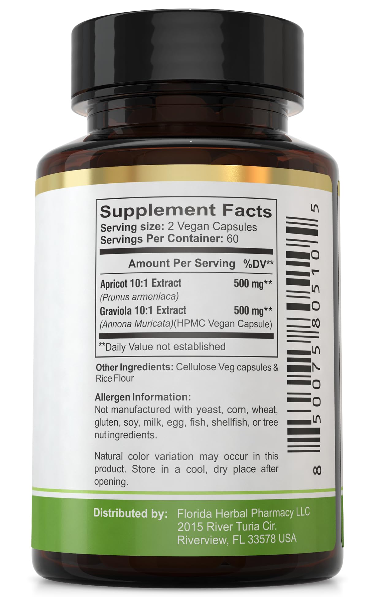 Florida Herbal Pharmacy Apricot-Graviola Supplement Capsules 10:1, 120 Capsules