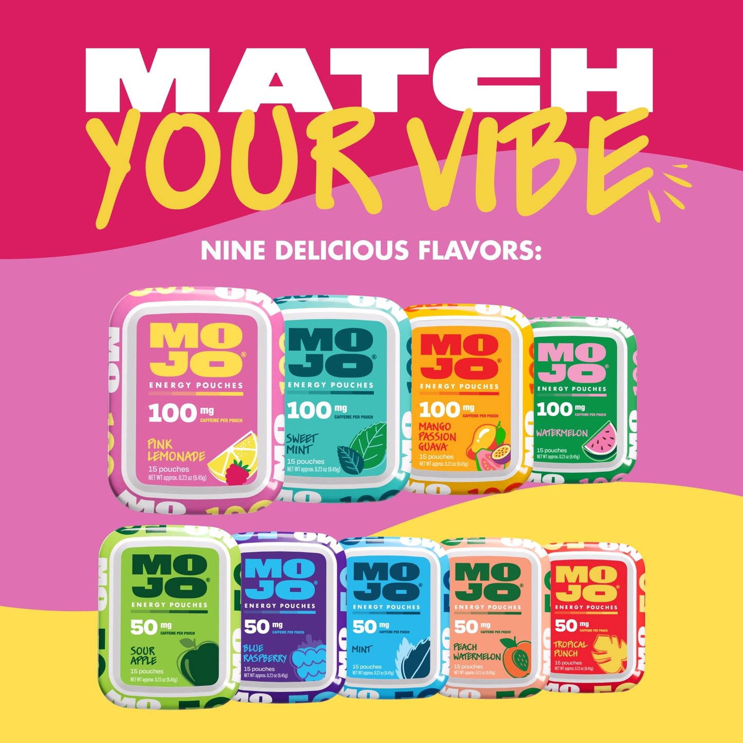 MOJO Energy 100mg Caffeine Pouches, Pink Lemonade, 15 Pouches