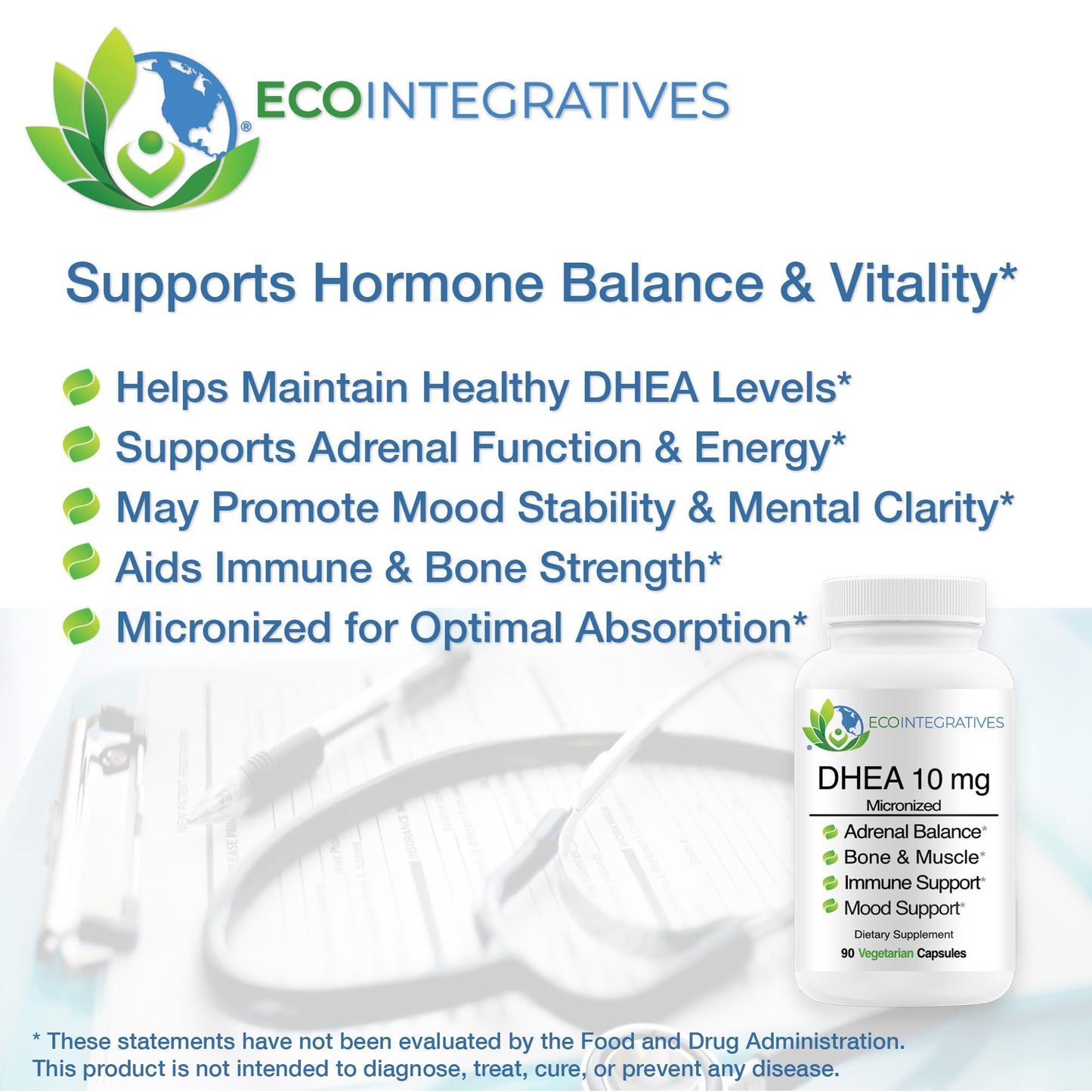 EcoIntegratives DHEA 10 mg Micronized Supplement, 90 Vegetarian Capsules