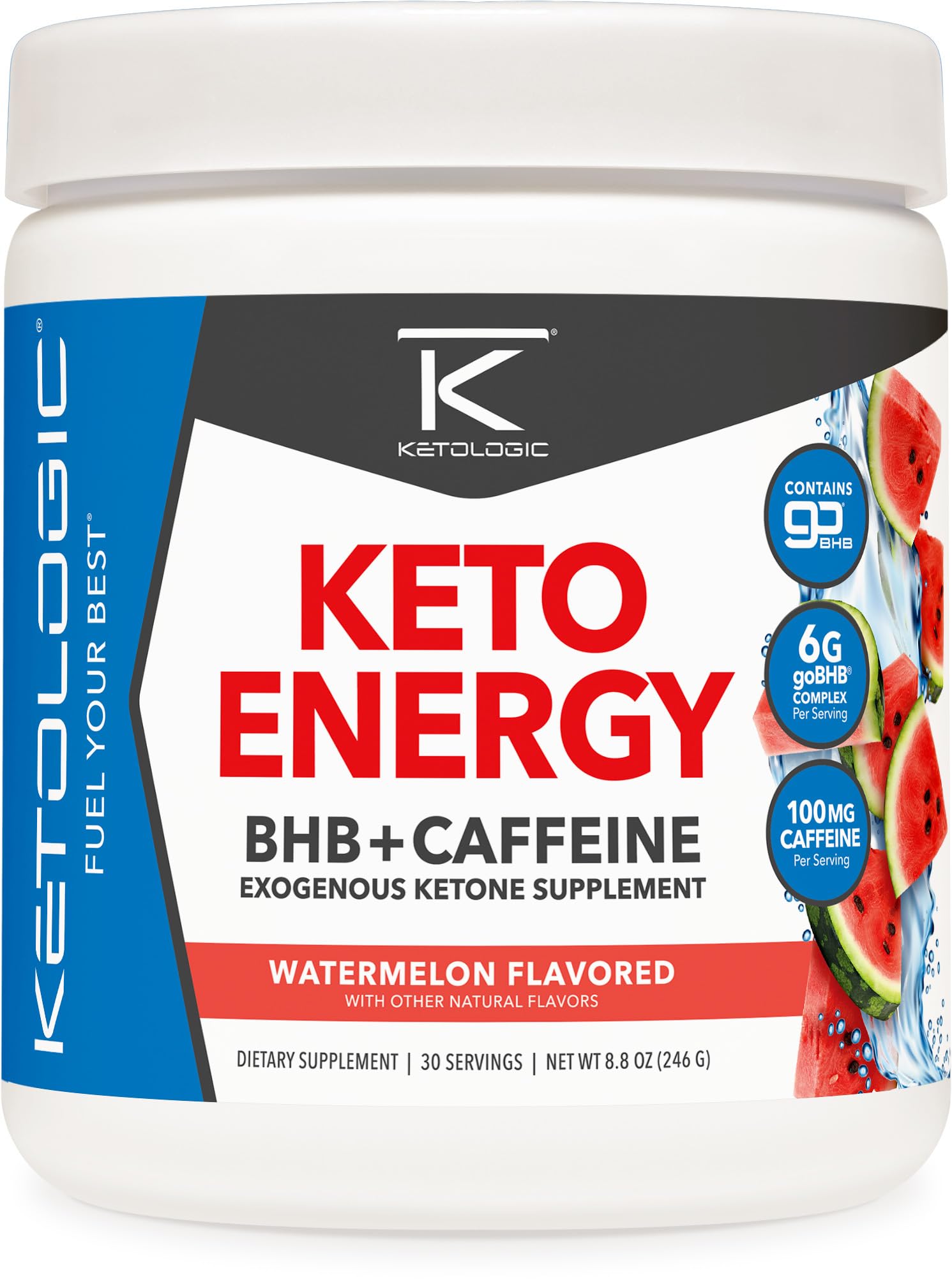 Ketologic KetoEnergy BHB (Watermelon) 30 Servings - BHB + Caffeine Exogenous Ketone Supplement, Powder, 8.8 Ounce