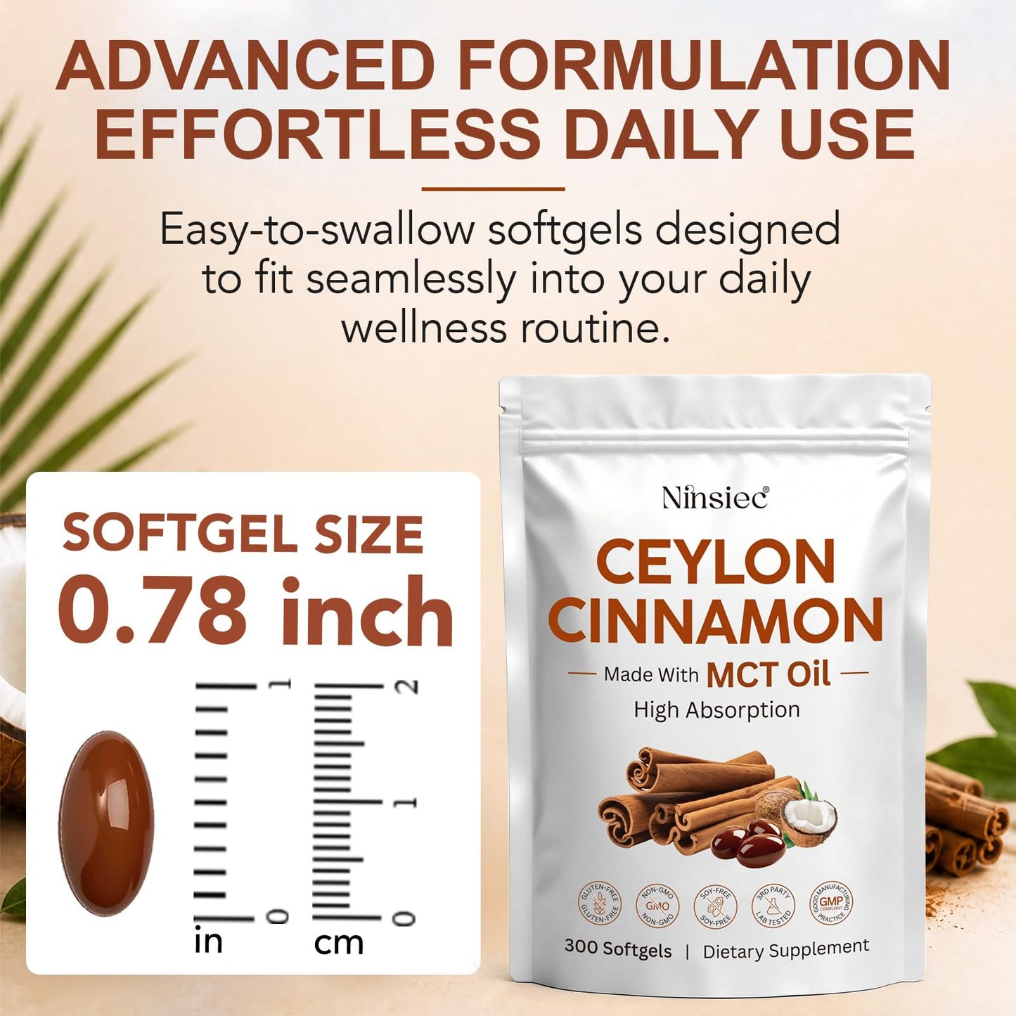 Ninsiec 2-in-1 Organic Ceylon Cinnamon with MCT Oil Softgel, 300 Softgels
