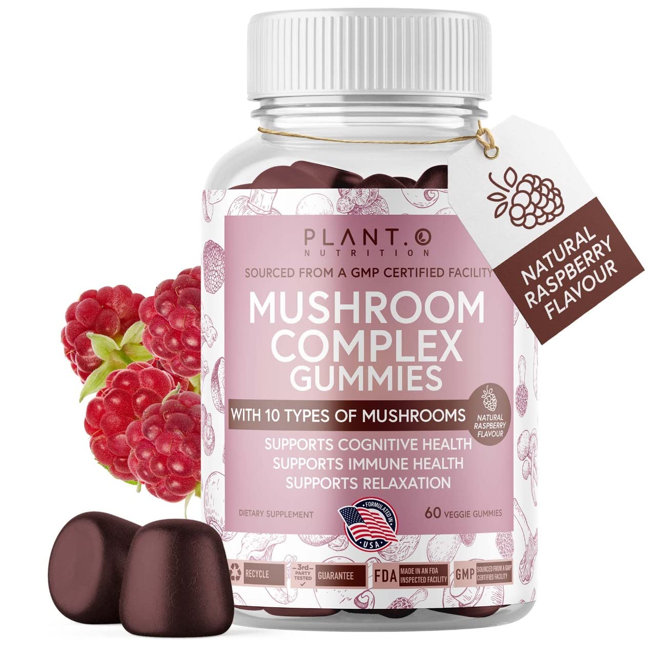 PLANT.O NUTRITION Mushroom Gummies Premium Supplement with Lion’s Mane, Reishi & Shiitake Nootropic Brain Support, Immune Support, Mood & Relaxation, 60 Gummies