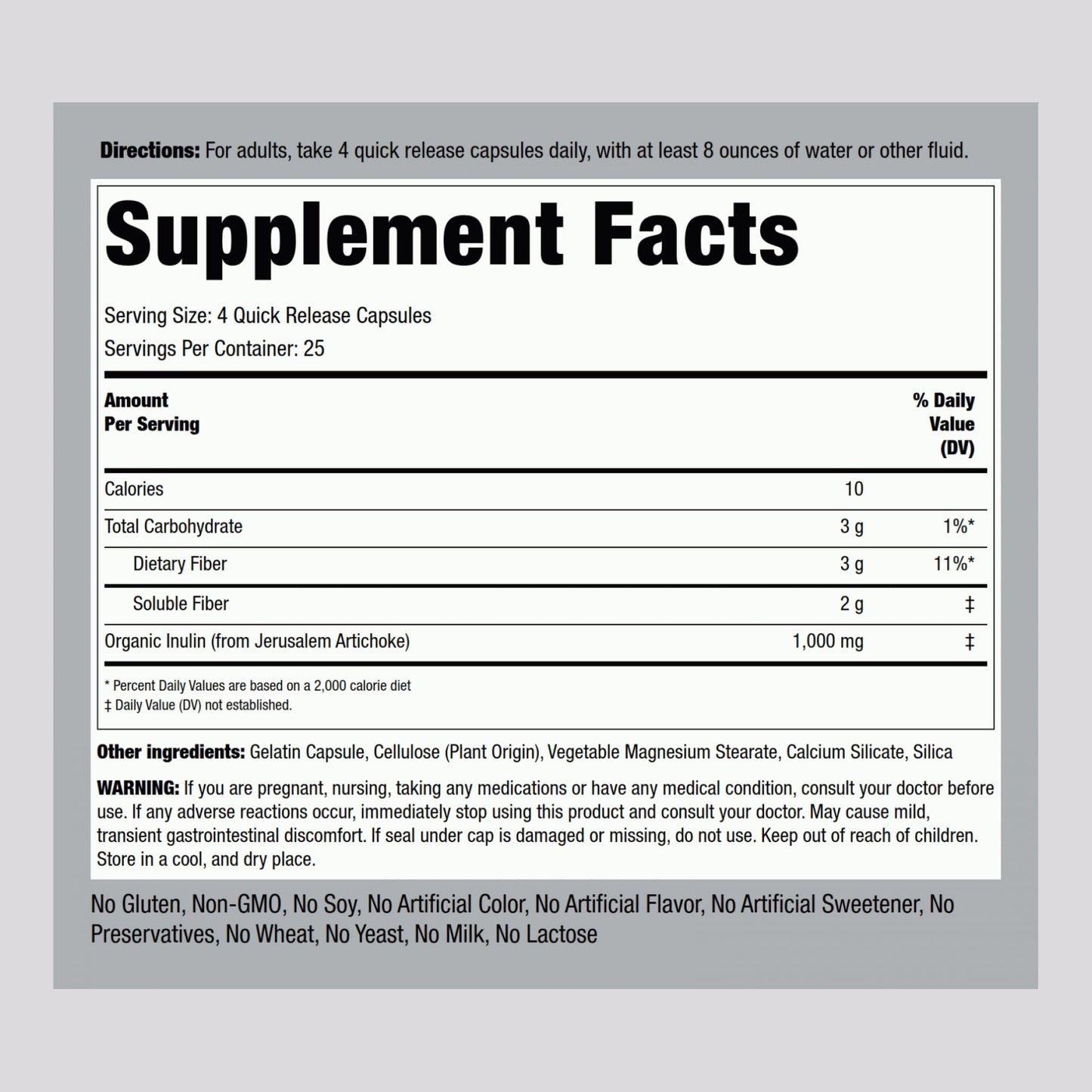 Piping Rock Organic Inulin Capsules 1000 mg, 100 Capsules