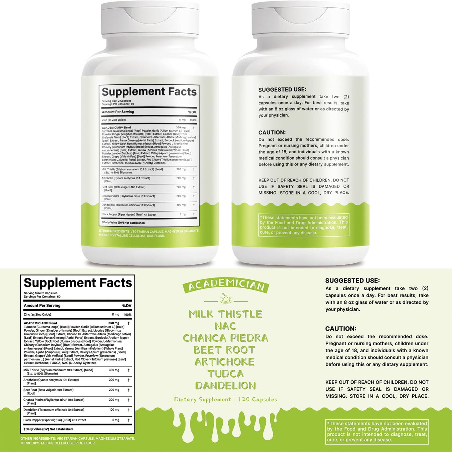 ACADEMICIAN Beet Root with Dandelion Root, Milk Thistle, NAC, Tudca, Artichoke Extract Capsules, 120 Count