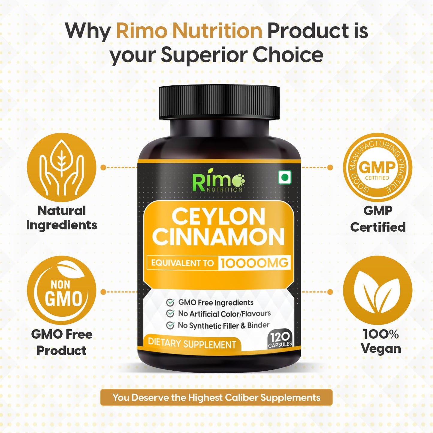 Rimo Nutrition Ceylon Cinnamon Capsules 1000mg Per Serving, 120 Count