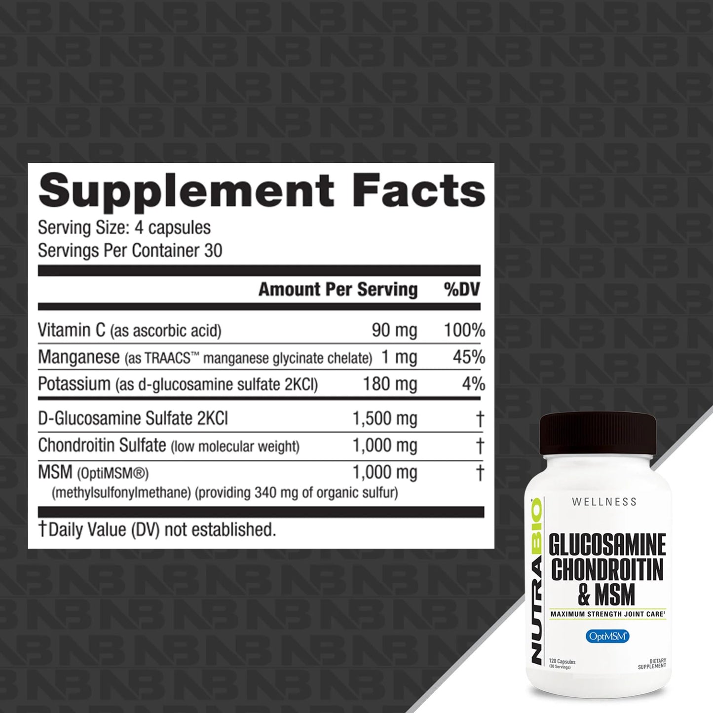 NutraBio Glucosamine Chondroitin & OptiMSM Joint Support Formula Supplement, 120 Capsules