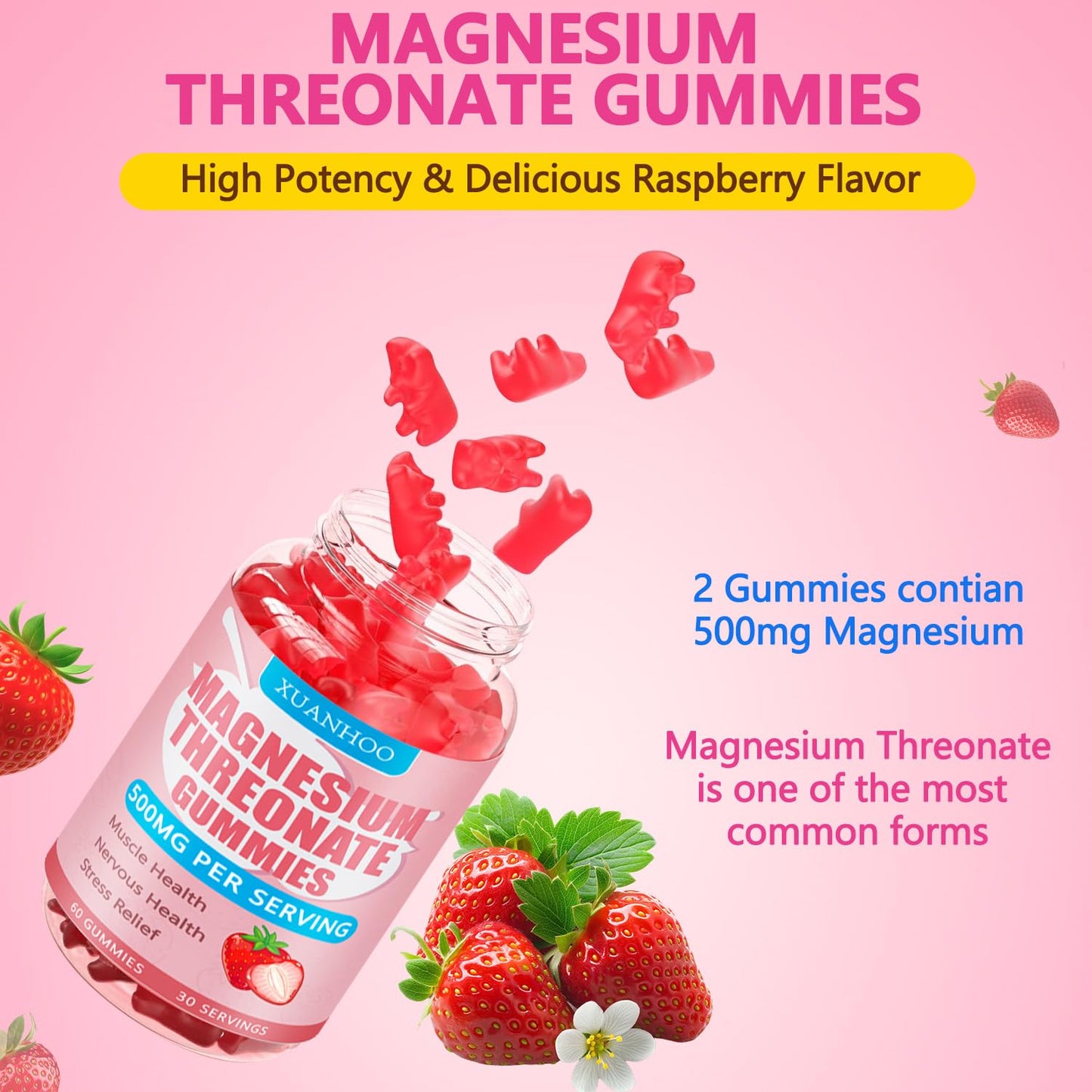 Xuanhoo Magnesium Threonate Gummies, 60 Gummies, Strawberry Flavor, 250mg Magnesium per Gummy