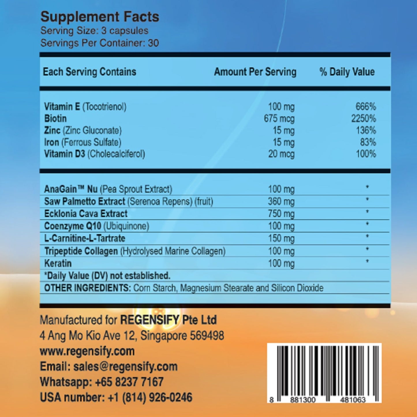 REGENSIFY Redensifying Hair Nutrition - Hair Regrowth Supplement with AnaGain Nu, Saw Palmetto, Ecklonia Cava, Coenyzme Q10, Tocotrienol, L-Carnitine | DHT Blocker | Reduce hairfall for Men & Women Capsule 1