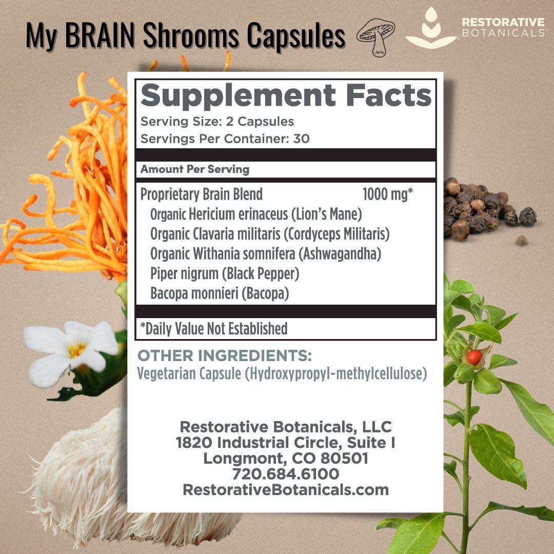 Restorative Botanicals My Brain Shrooms Lion's Mane, Cordyceps, Ashwagandha, Bacopa, Black Pepper Capsules, 60 Count
