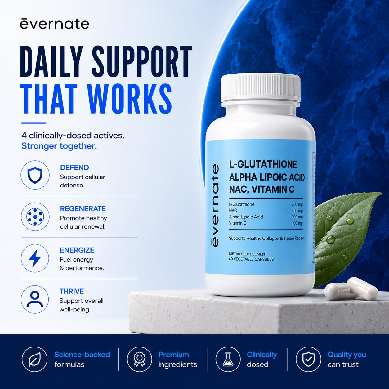 Evernate 4-in-1 L-Glutathione 700mg with NAC 400mg, Alpha Lipoic Acid 200mg & Vitamin C – Skin Brightening, Liver Detox, Immune Support & Antioxidant Defense – 60 Vegan Capsules
