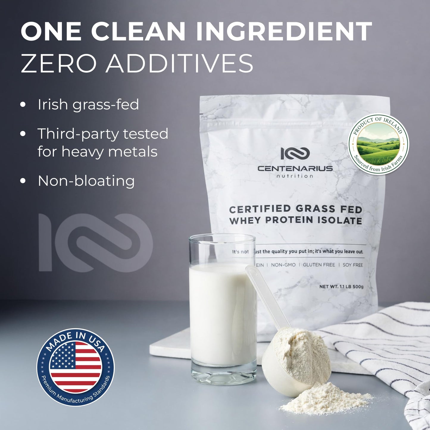 Centenarius Nutrition Whey Protein Isolate Powder, Unflavored, Irish Grass-Fed, 500g, 27g Protein per Serving, 17.637 oz
