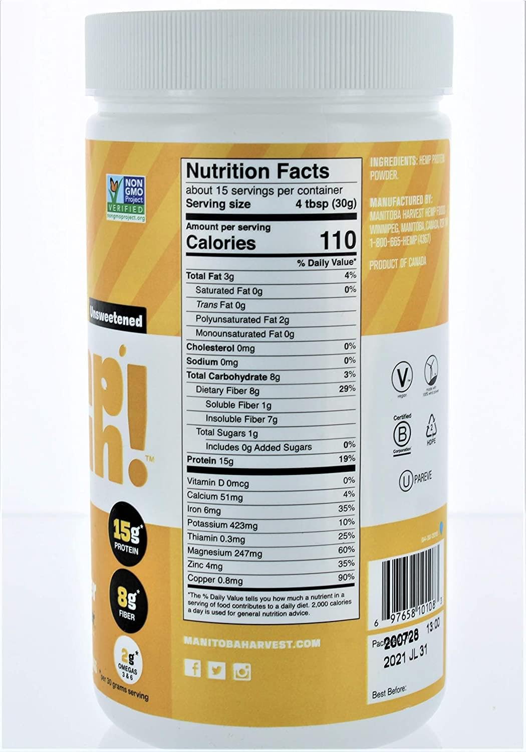 Manitoba Harvest Hemp Yeah! Balanced Protein + Fiber Powder 16 oz