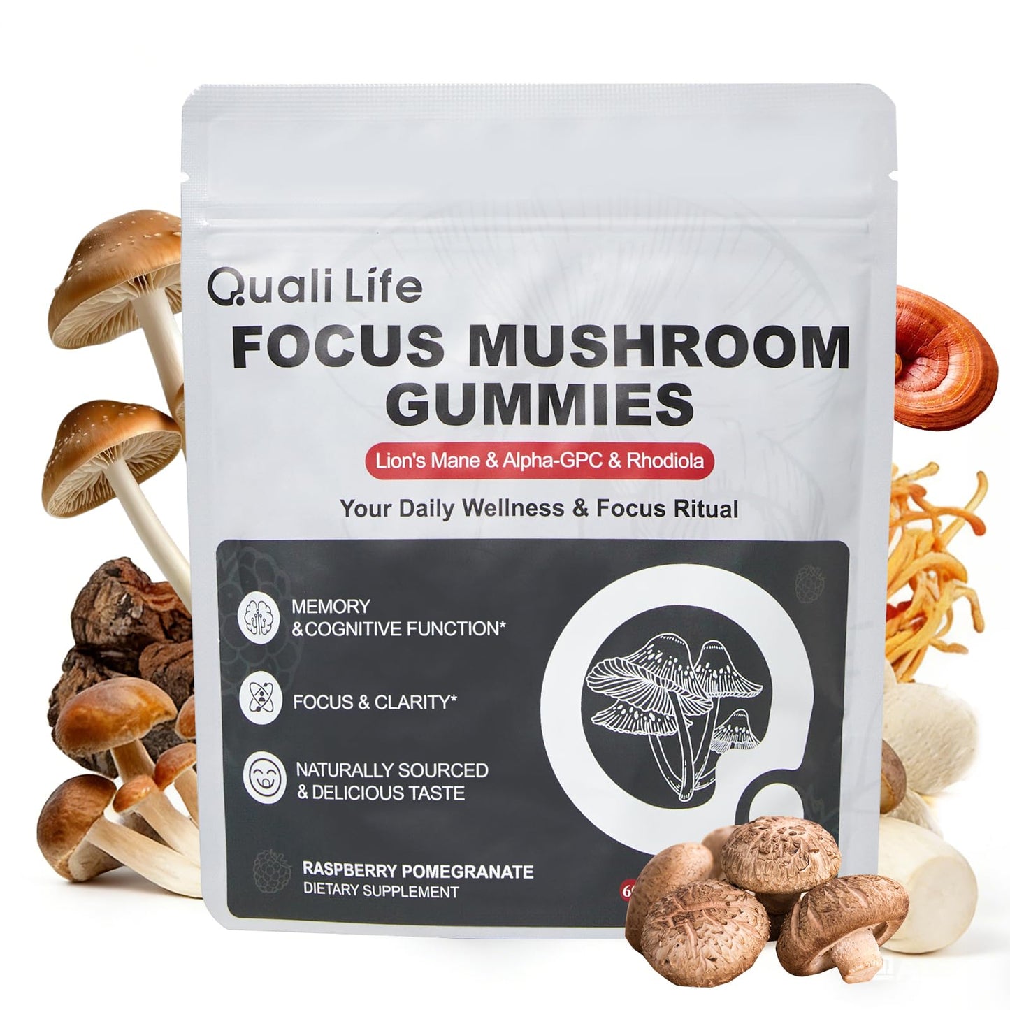 QualiLife Mushroom Gummies with Lion’s Mane, Alpha-GPC & Rhodiola - 12 in 1 Mushroom Complex Supplement with Reishi, Cordyceps, Chaga & Turkey Tail – Brain Focus & Memory Support, 60 Gummies