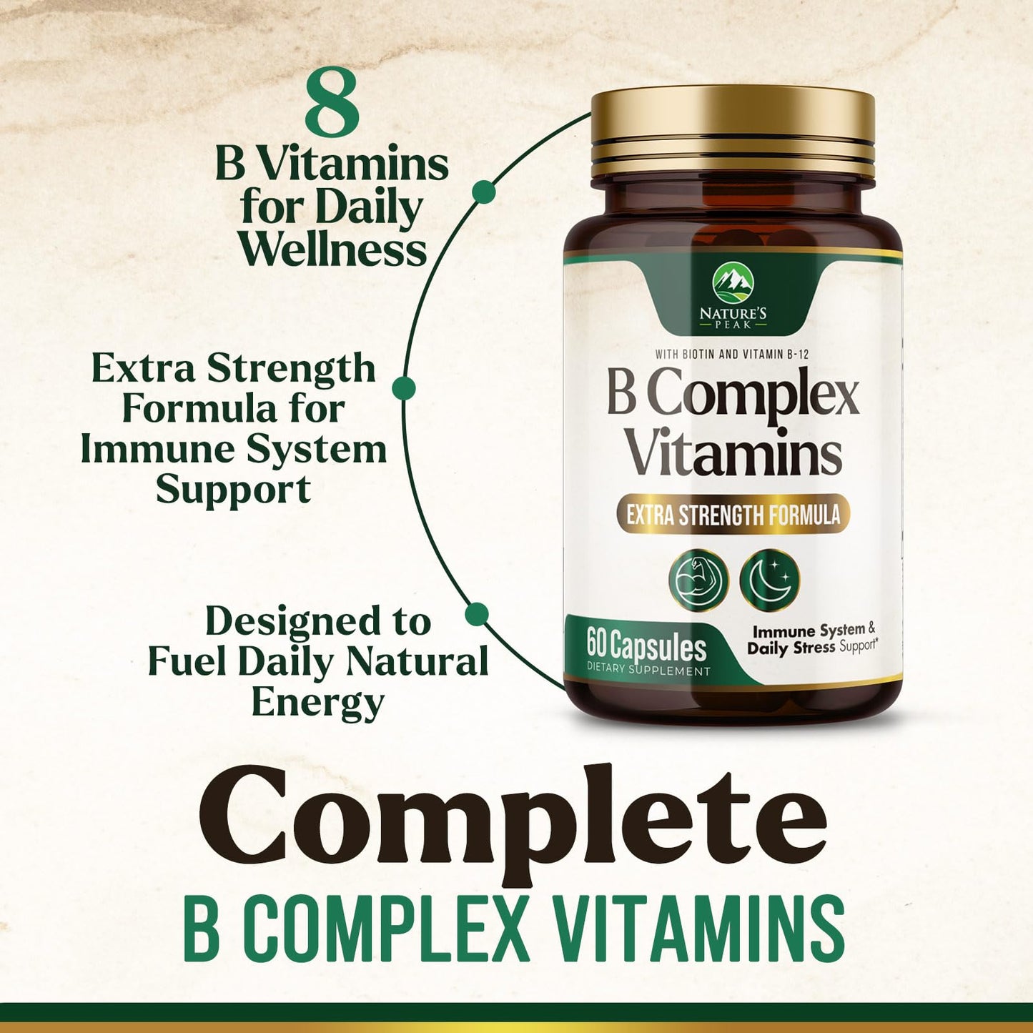 Nature's Peak B Complex Vitamin Supplement with Vitamin C & Folic Acid Capsules, 60 Count