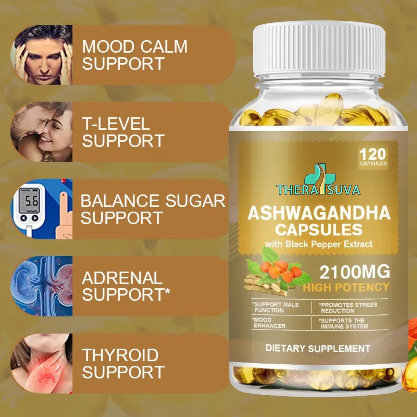 TheraSuva Superior Potency Ashwagandha 2100mg + Black Pepper Extract 8mg Softgel, 120 Count