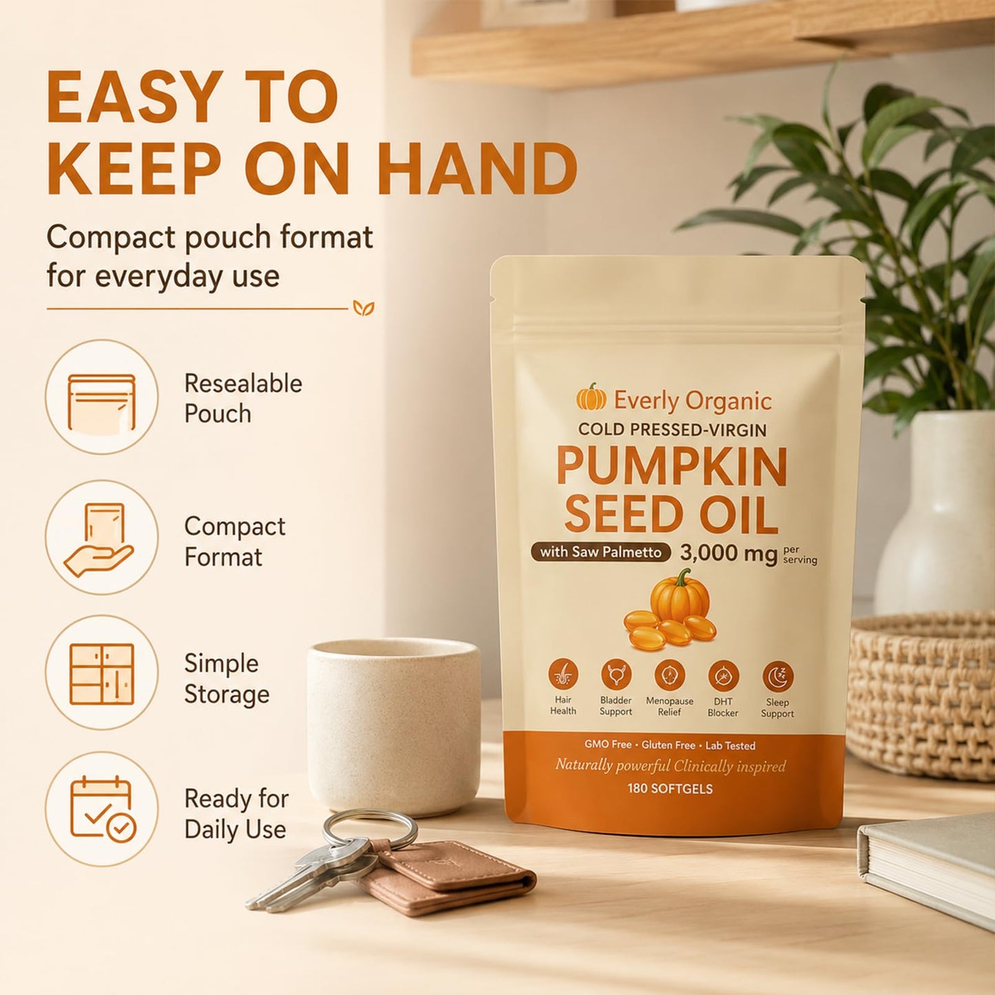 Everly Organic Pumpkin Seed Oil with Saw Palmetto Softgels, 180-count