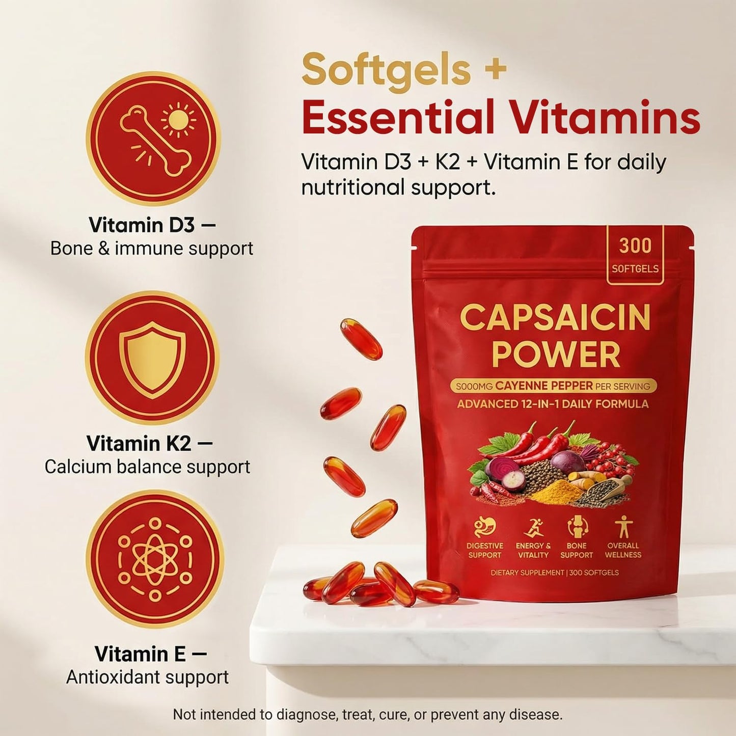 Peehss Capsaicin Power Cayenne Pepper Softgels with Vitamin E, D3 & K2, Grape Seed, Beetroot & Turmeric Extract, 300 Softgels