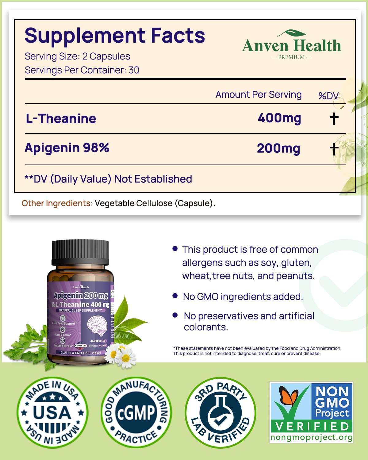 Anven Health L-Theanine Apigenin Sleep Relaxation Supplement 180 Capsules