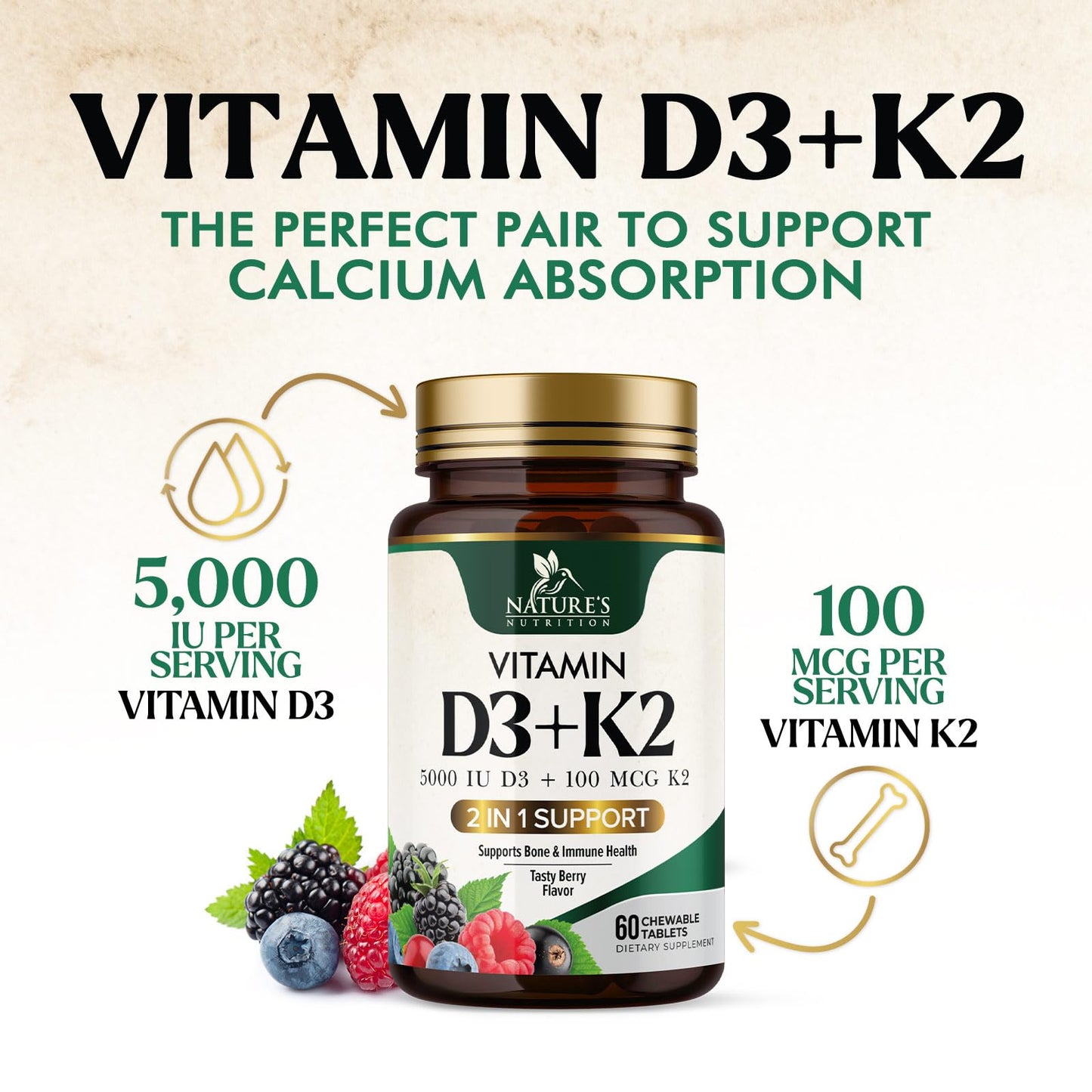 Nature's Nutrition Vitamin D3 K2 Supplement 60 Tablets