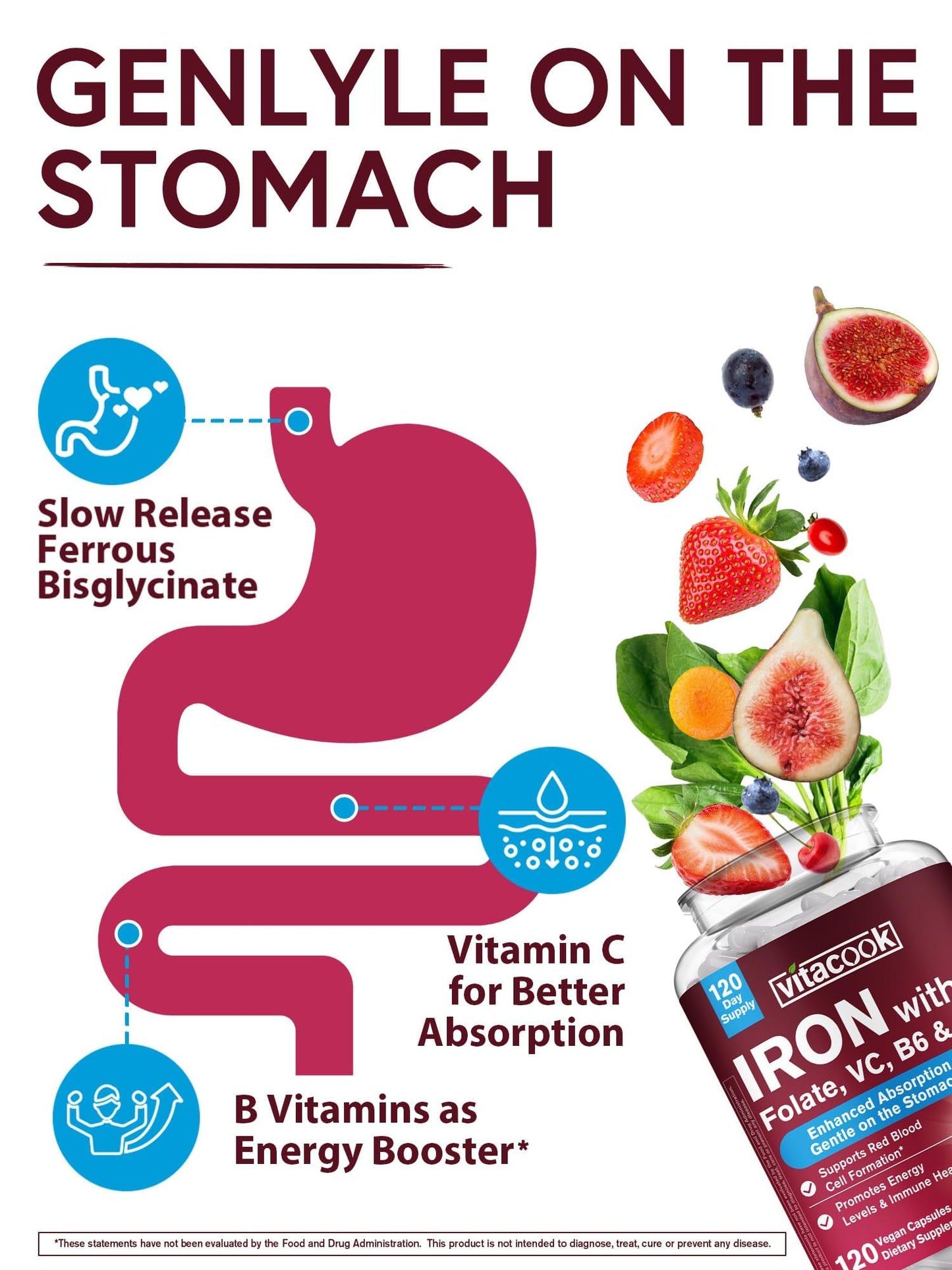 Vitacook Iron Supplement for Women & Men, Iron Bisglycine with Vitamin C, B6, B12, Folate, Capsule, 120 Count