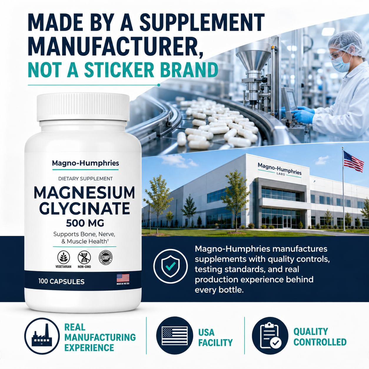 Magno-Humphries Magnesium Glycinate 500 mg Capsules, 100 Capsules