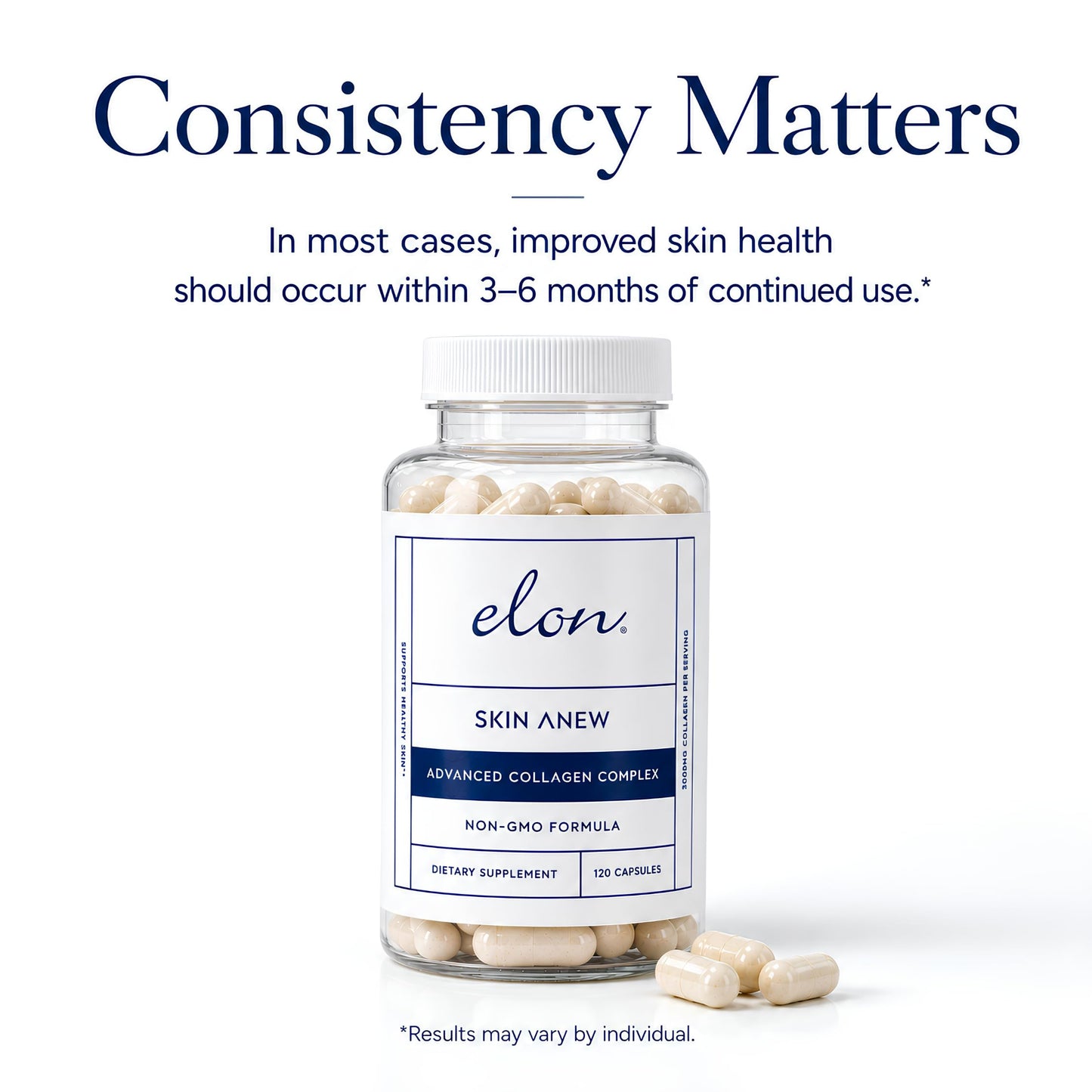 Elon Skin Anew with Hydrolyzed Collagen 3000 mg per Serving Hydrating & Anti Aging Supplement for Vibrant Skin Health 120 Capsules