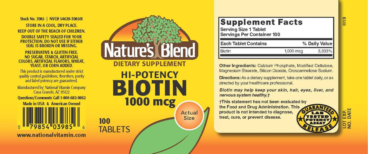 Nature's Blend Biotin Hi-Potency 1,000 mcg Tablet, 100 Tablets