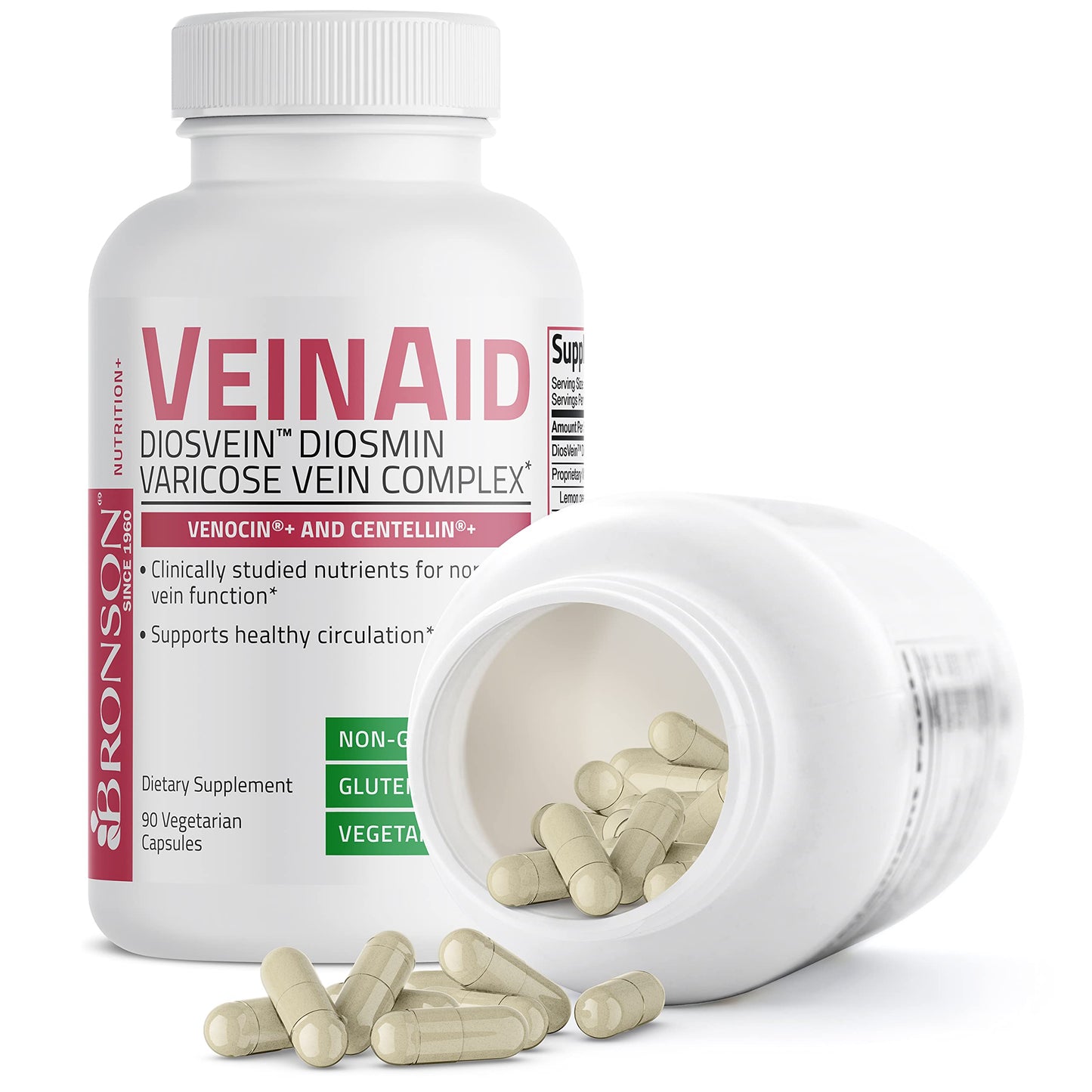 Bronson VeinAid Diosmin 1000mg DiosVein Varicose Vein Complex with Venocin & Centellin Capsules, 90