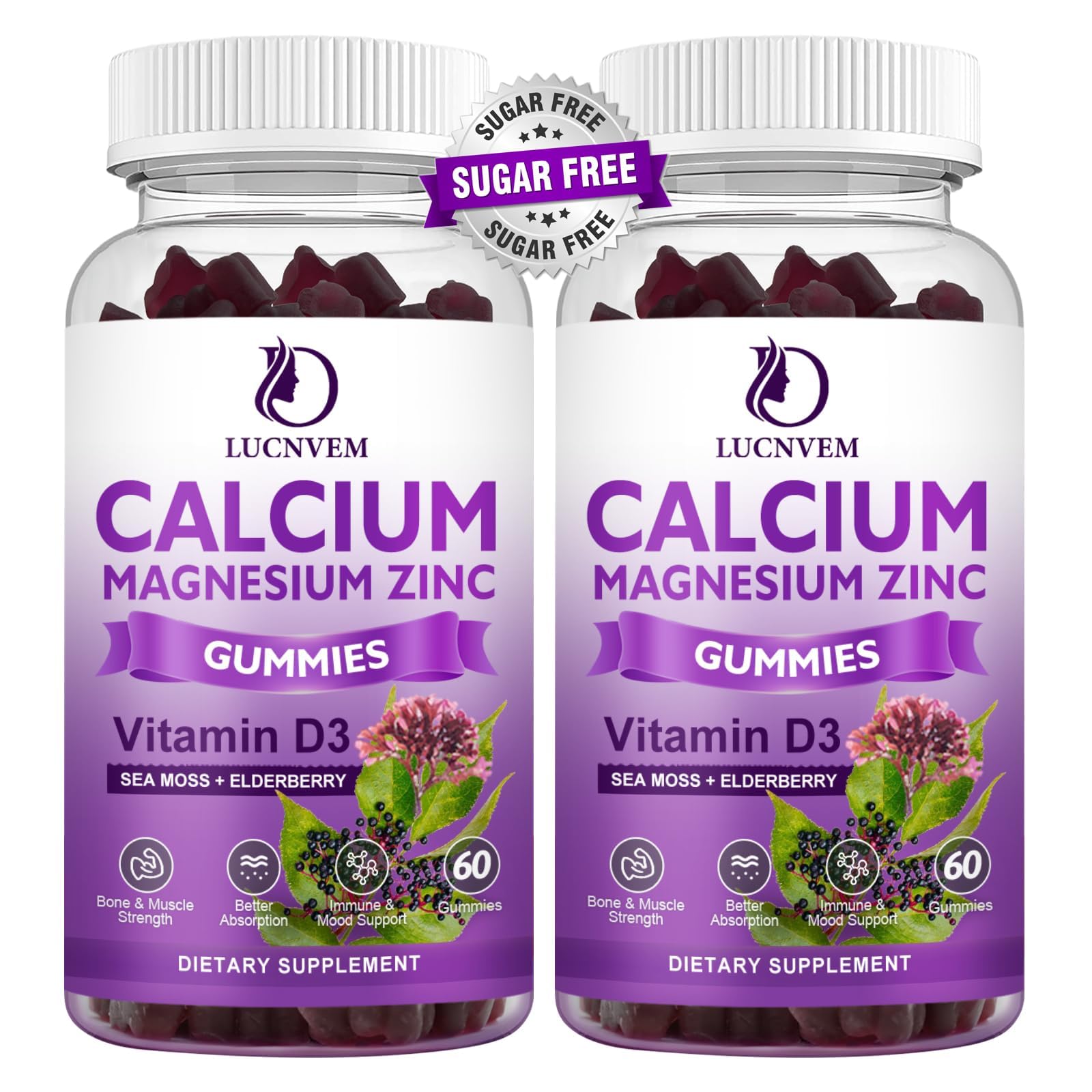 LUCNVEM Sugar Free Calcium Magnesium Zinc Gummies, 120 Gummies