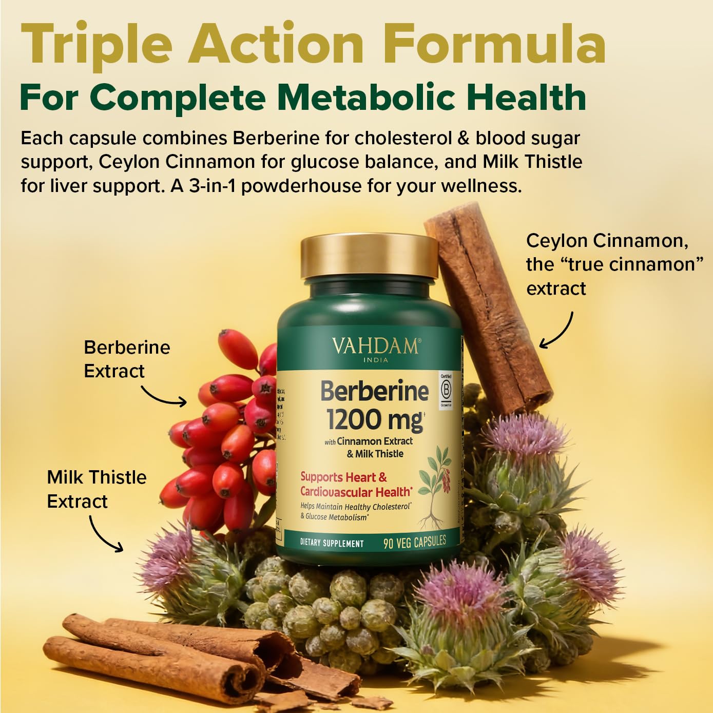 VAHDAM Berberine 97% HCL 1200mg Extract with Cinnamon and Milk Thistle Capsules, 90 Count