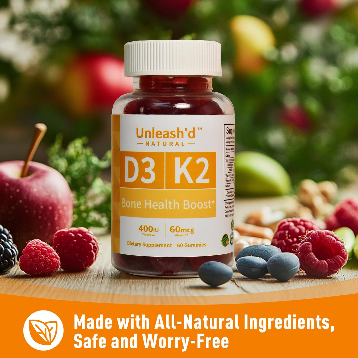 UNLEASH'D ORGANIC Vitamin D3 K2 Gummies 60 Count