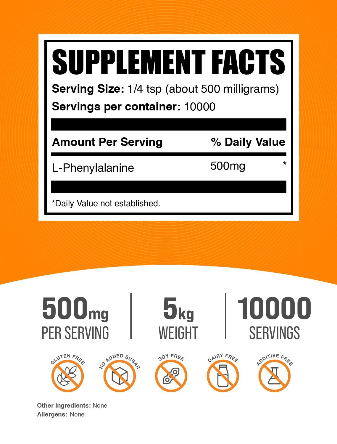 BulkSupplements L-Phenylalanine Powder 500mg per Serving, Gluten Free, 2.2 lb Pack of 5